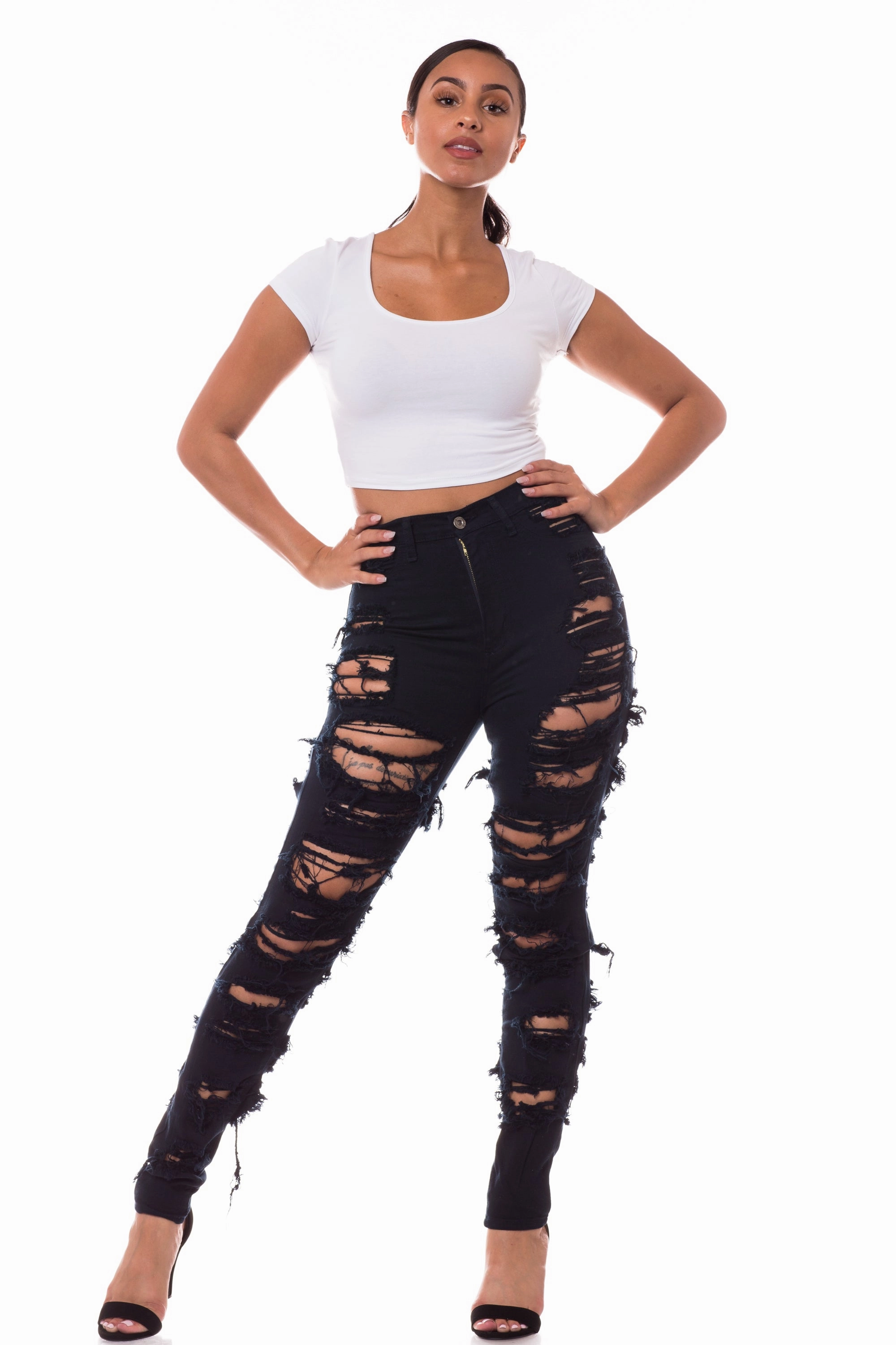 Breathable Travel Outfit Brunch Outfit 4483 Women's High Waisted Distressed Unhemmed Skinny Jeans with Cut Outs
