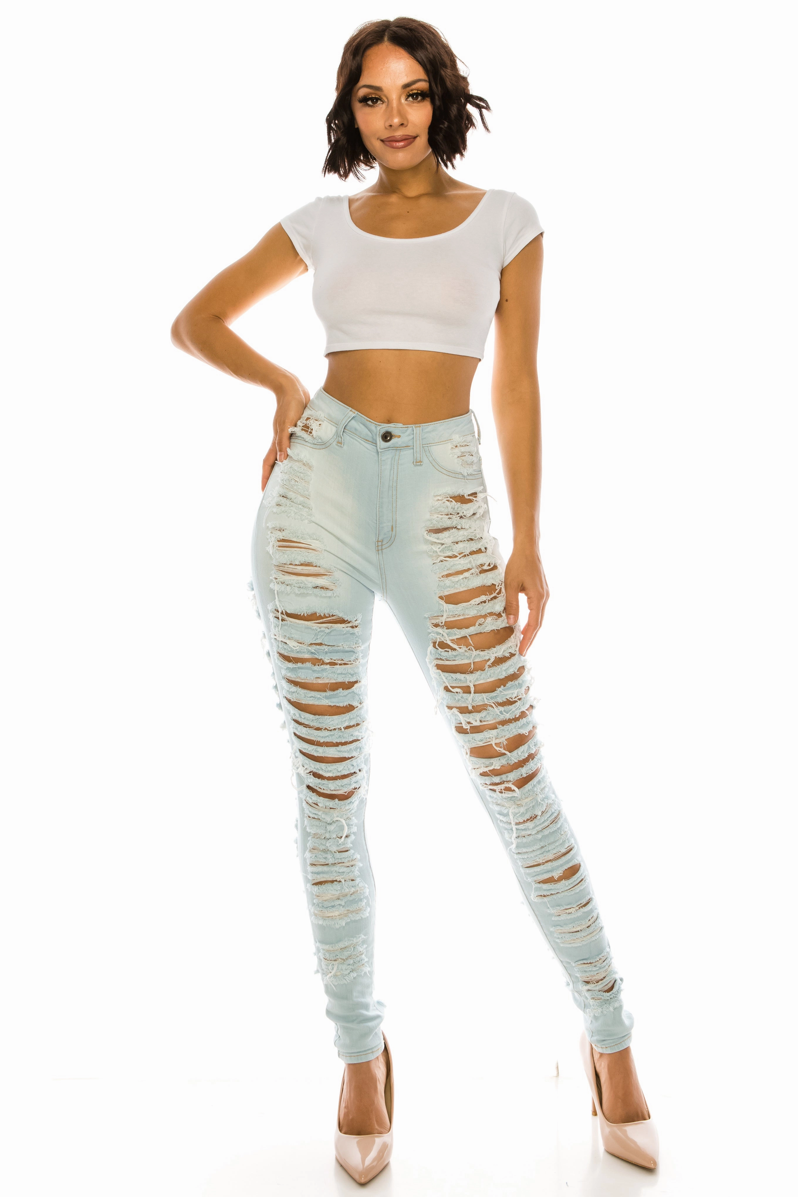Quick Dry Fabric 4483 Women's High Waisted Distressed Unhemmed Skinny Jeans with Cut Outs