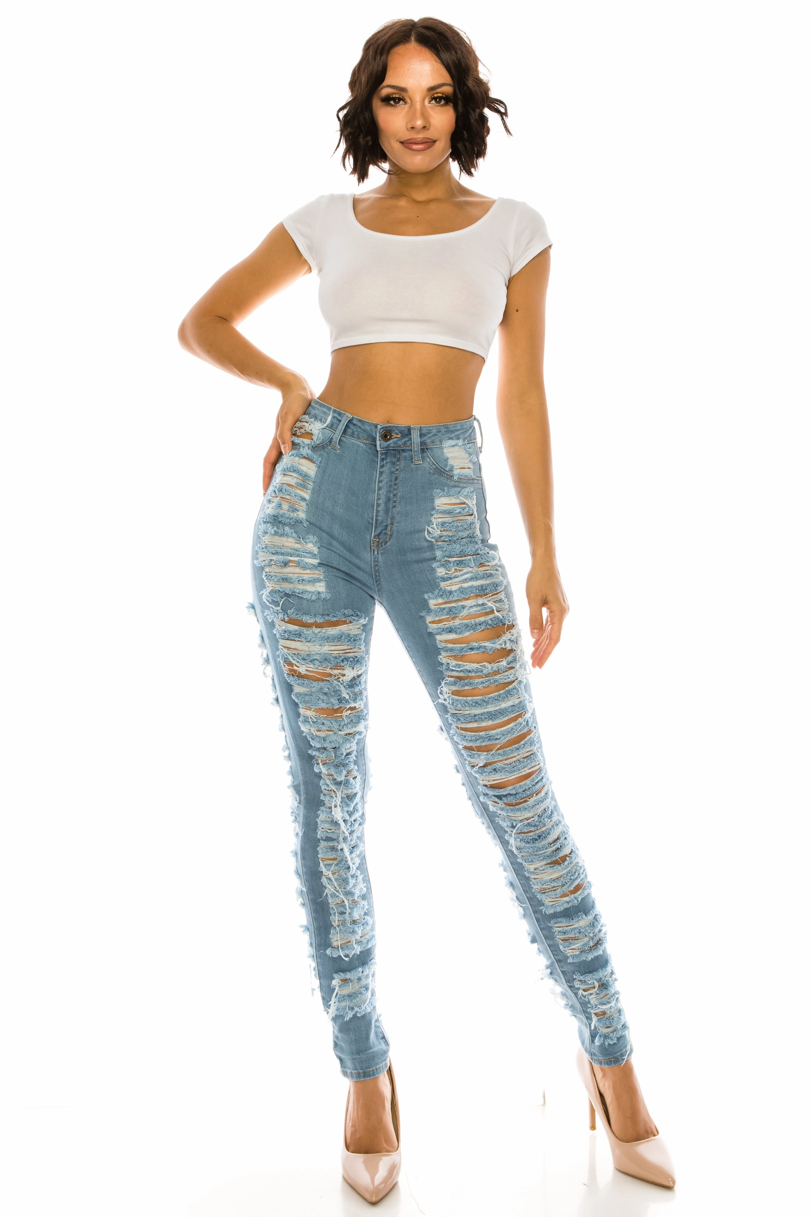 Party Look Classic Wear Casual Staple 4483 Women's High Waisted Distressed Unhemmed Skinny Jeans with Cut Outs