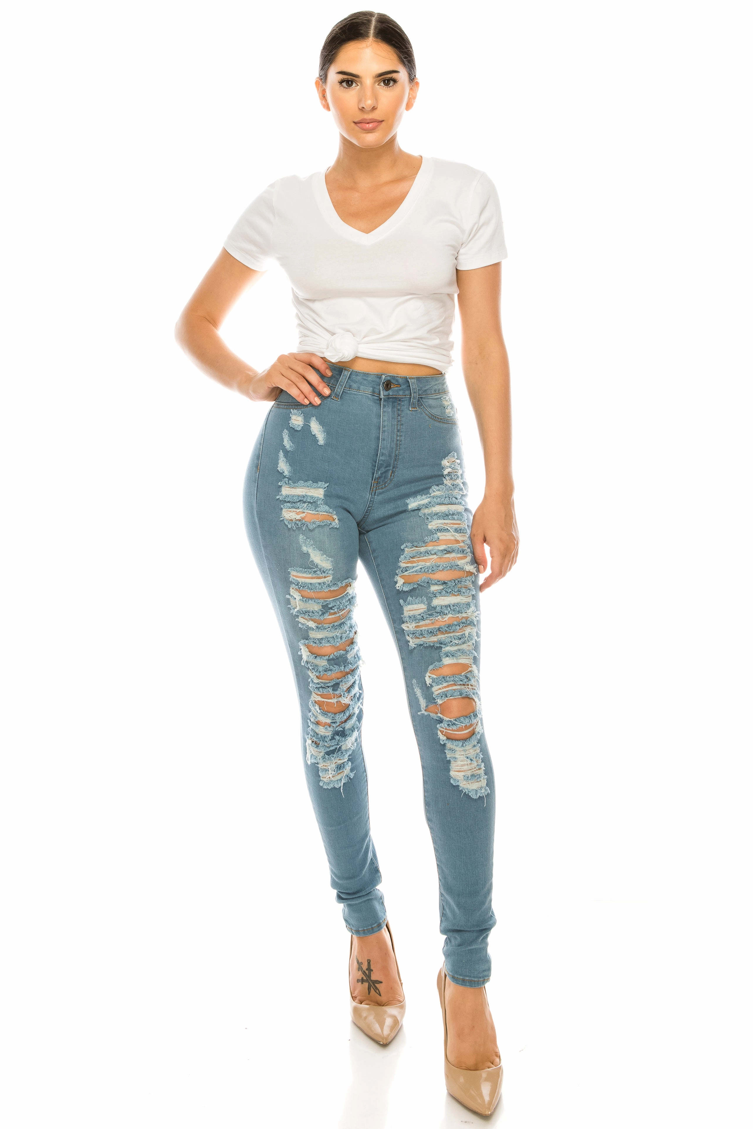 Comfortable Style 4502 Women's High Waisted Distressed Skinny Jeans