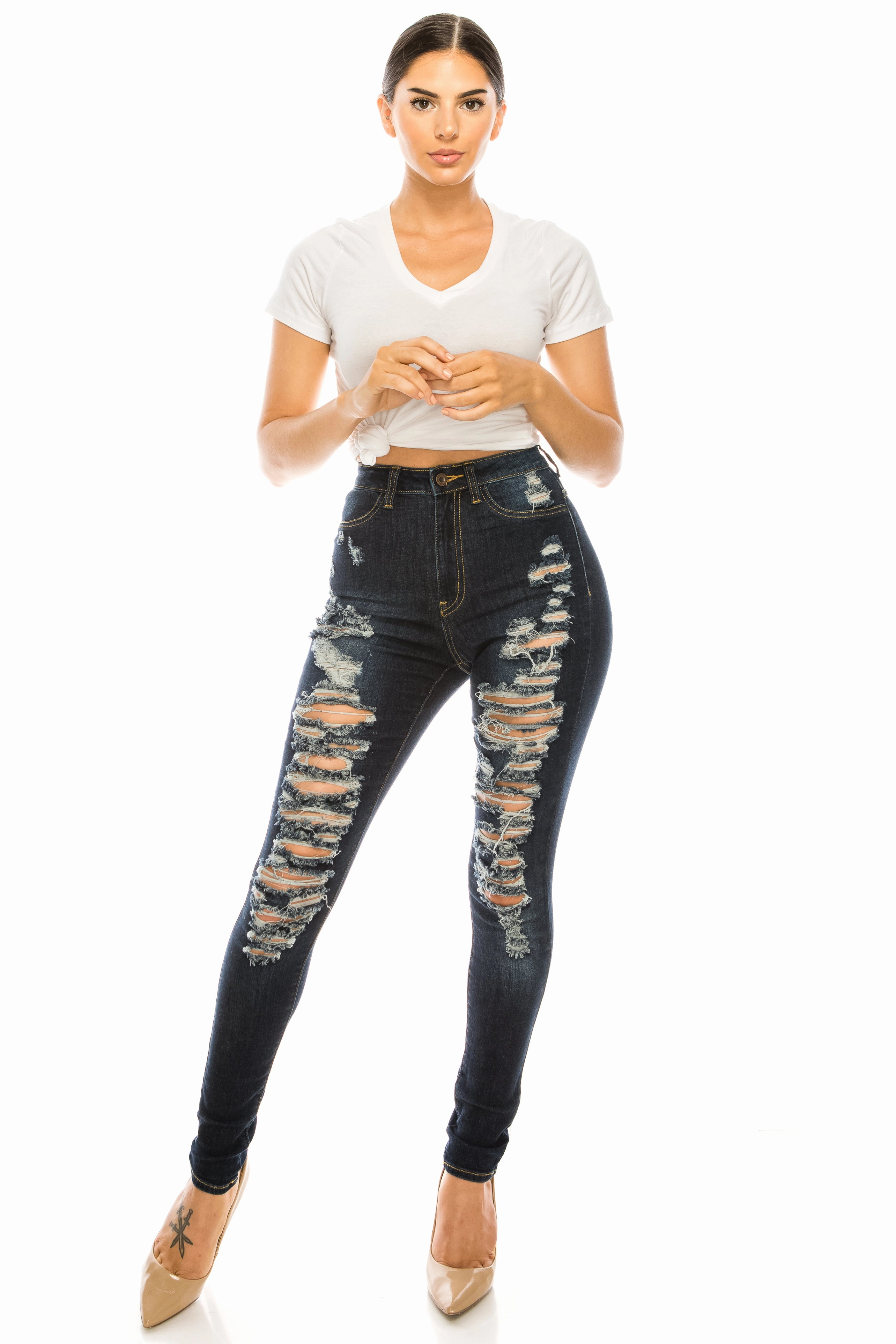 4502 Women's High Waisted Distressed Skinny Jeans Flexible Knee Panels Go Anywhere Look