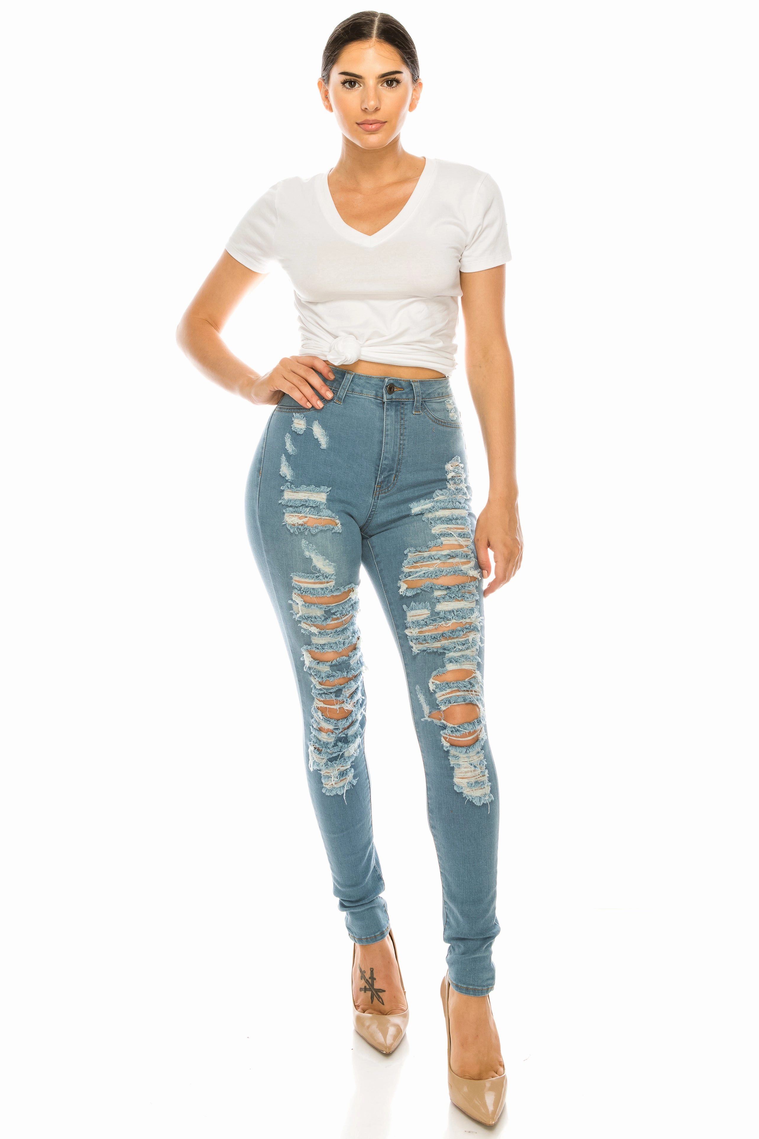 4502 Women's High Waisted Distressed Skinny Jeans Cool Outfit