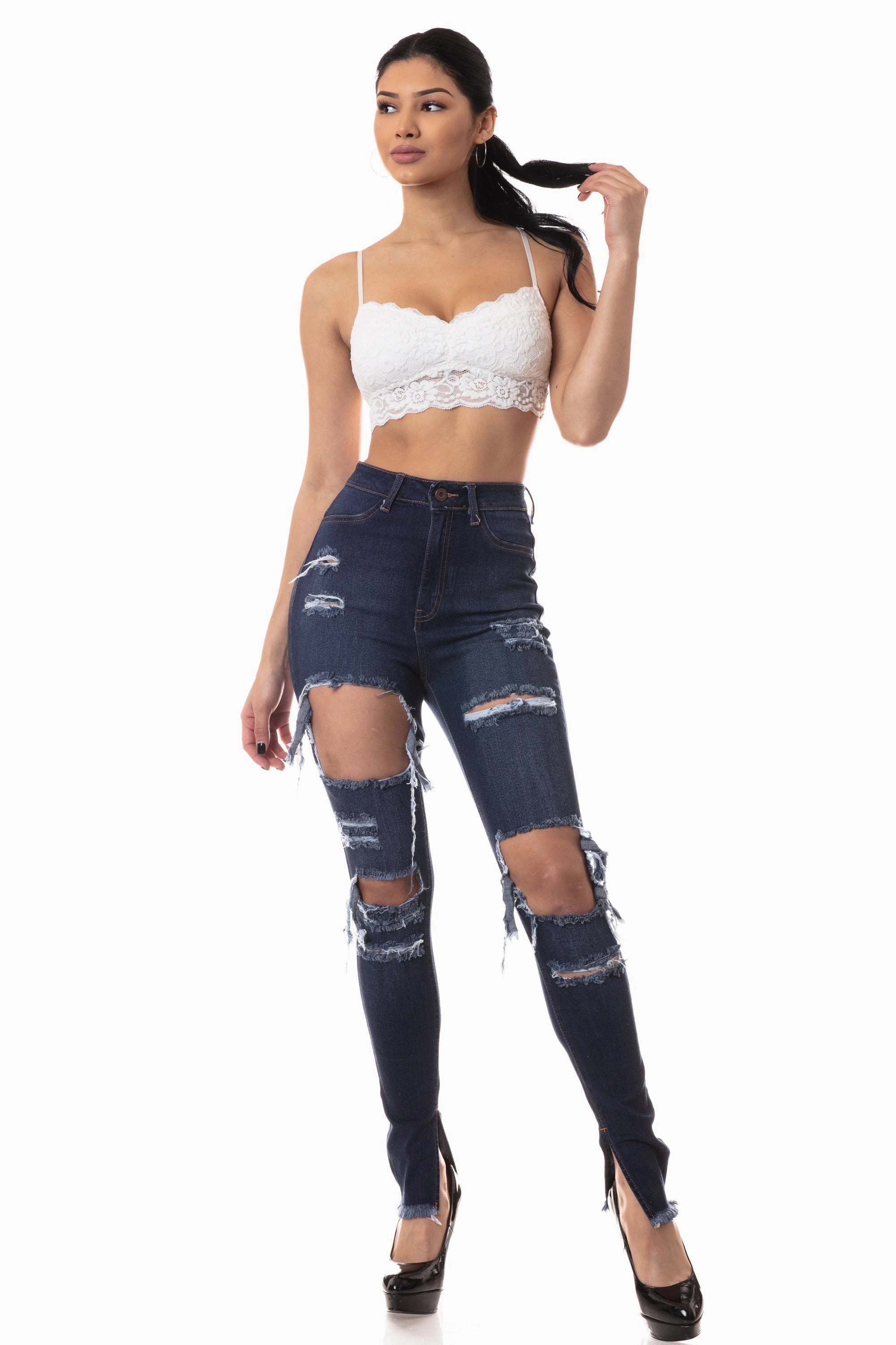 Stretch Enhanced Mobility 4518 Women's High Waisted Distressed Skinny Jeans with Cut Outs
