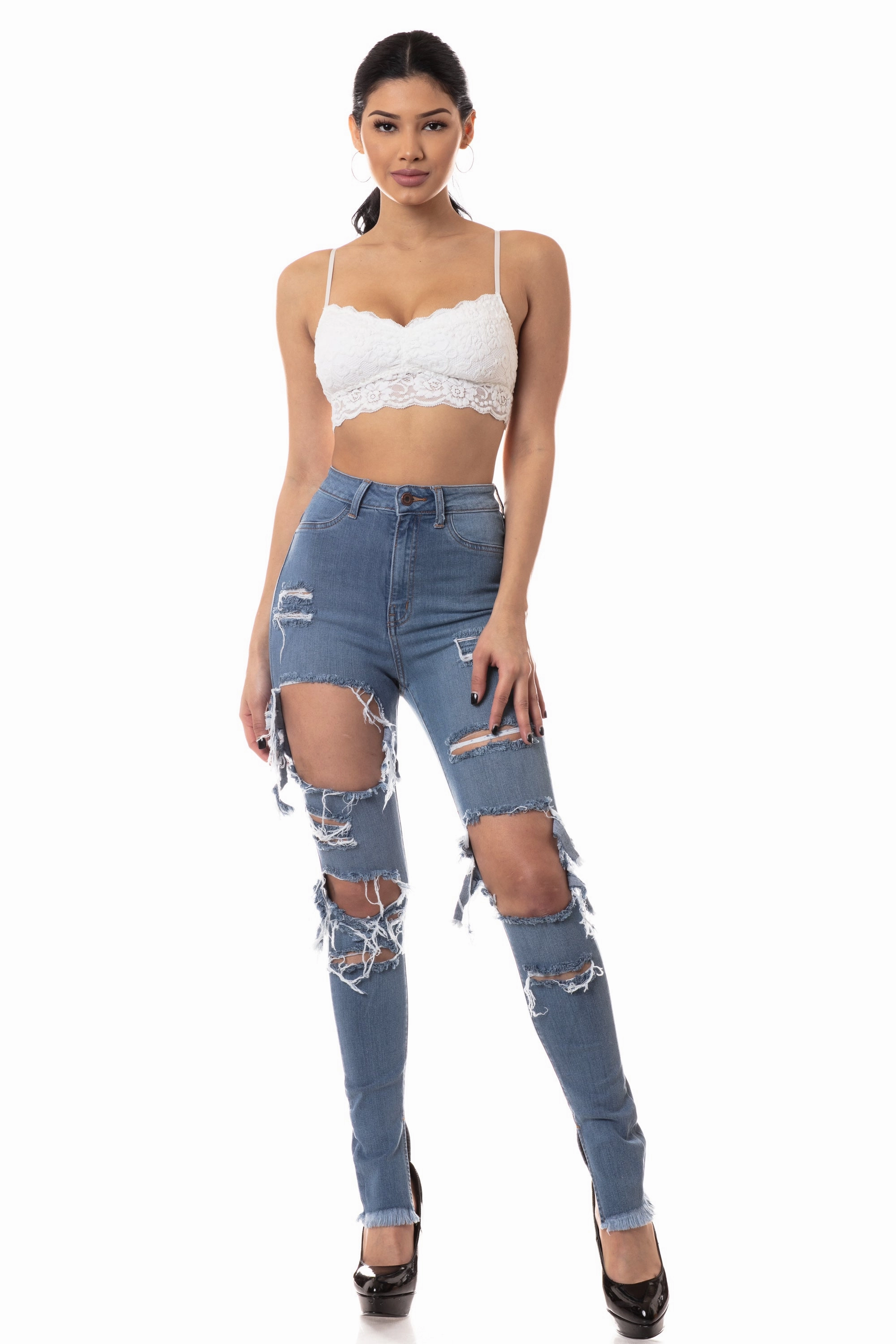 4518 Women's High Waisted Distressed Skinny Jeans with Cut Outs Parent Style Family Style No Gap Waistband