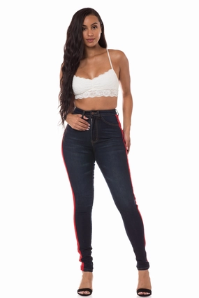 4534 Women's High Waisted Skinny Jeans with Striped Outseam Vintage Lover Smooth Bold Stone Wash Finish