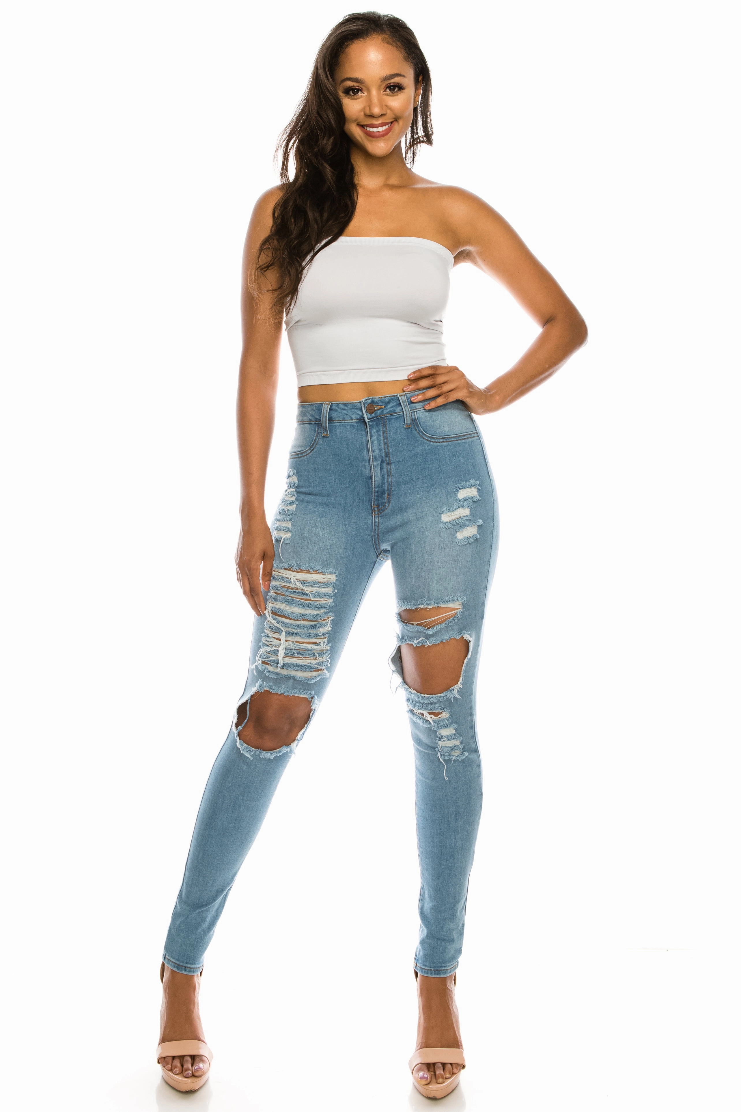 4569 Women's High Waisted Distressed Skinny Jeans with Cut Outs comfortable option