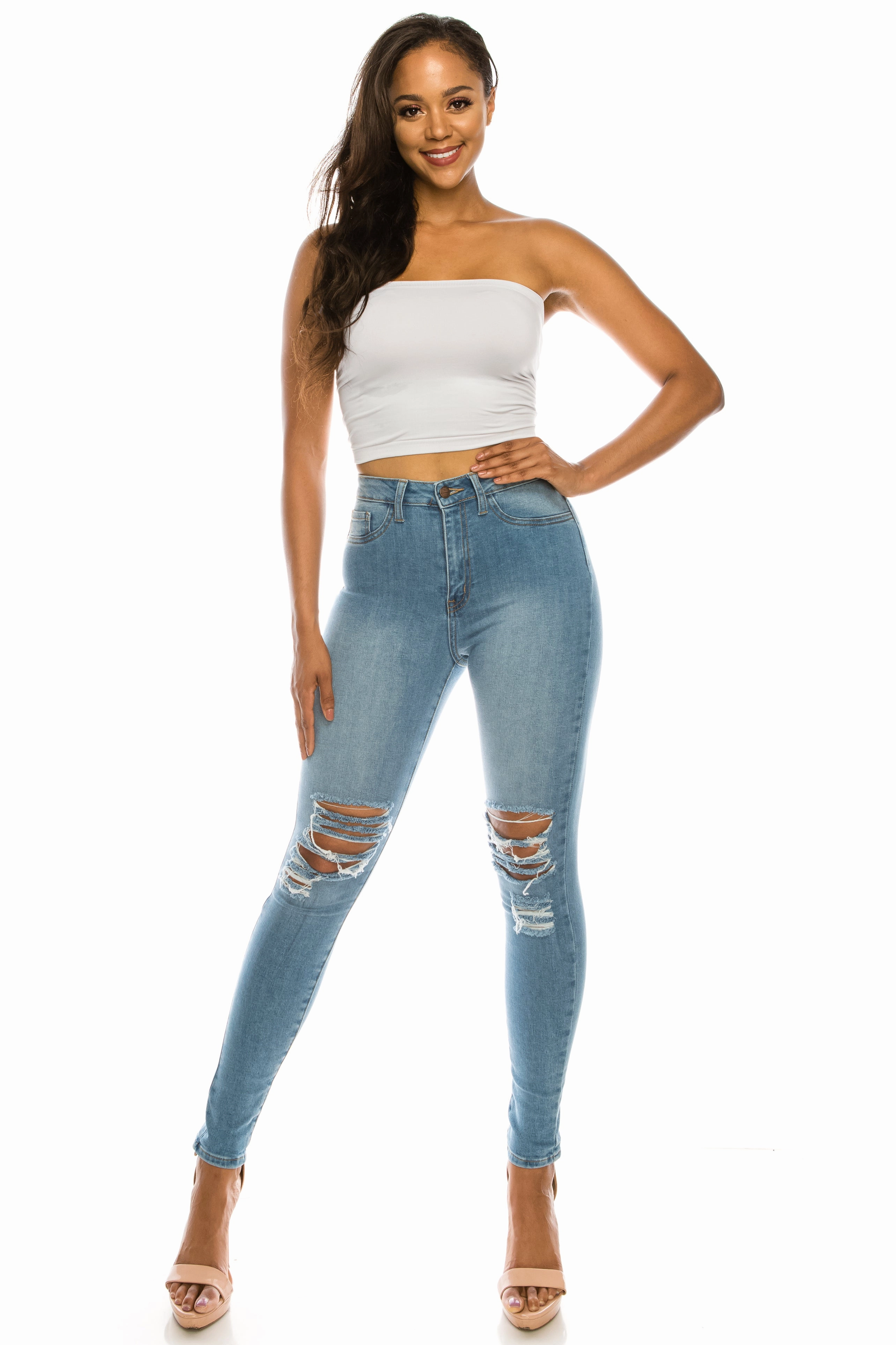Couple Look Smooth 4572 Women's Super High Waisted Distressed Skinny Jeans