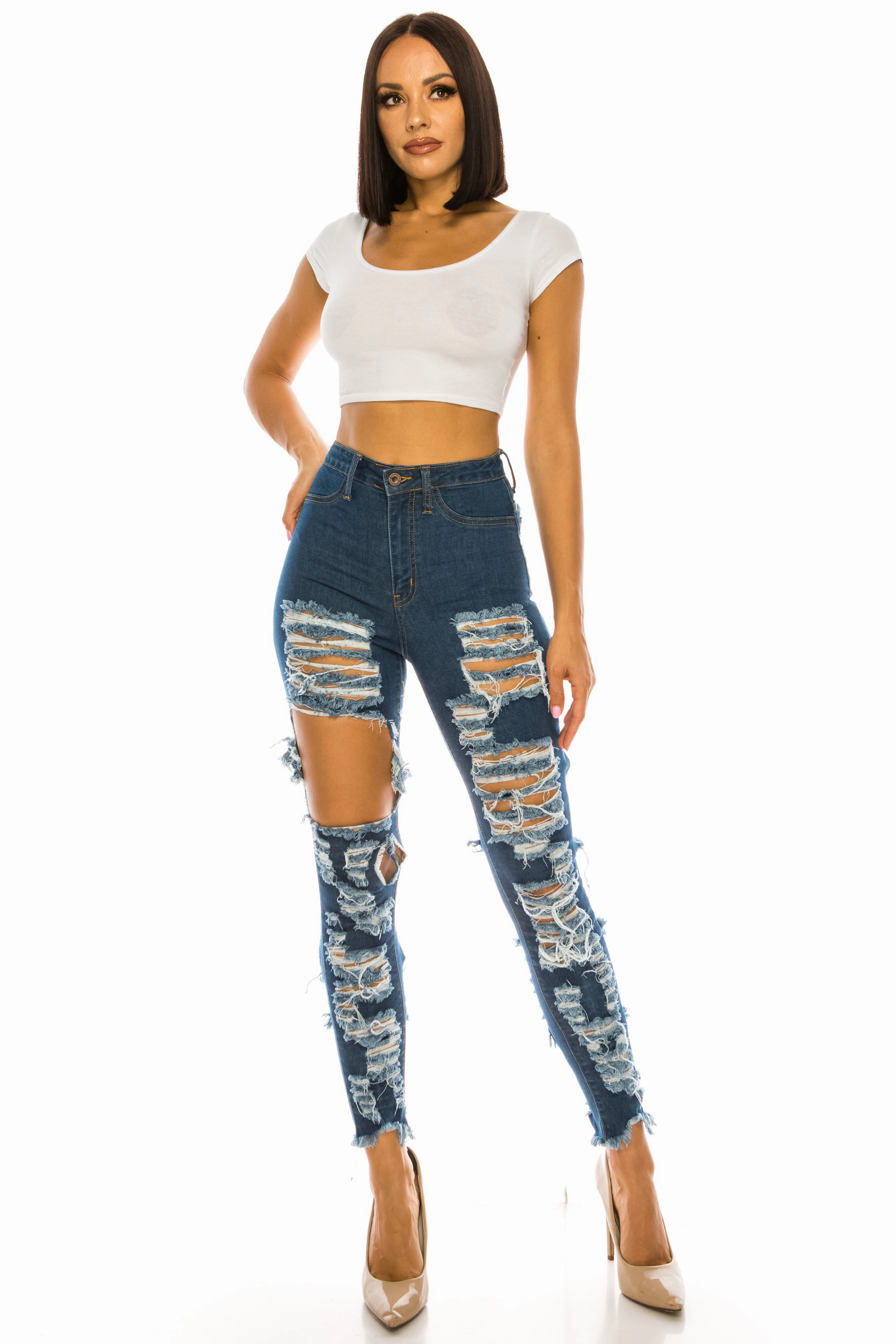 Comfortable Wear City Walk Autumn Days Lightweight 4575 Women's High Waisted Distressed Skinny Jeans with Cut Outs