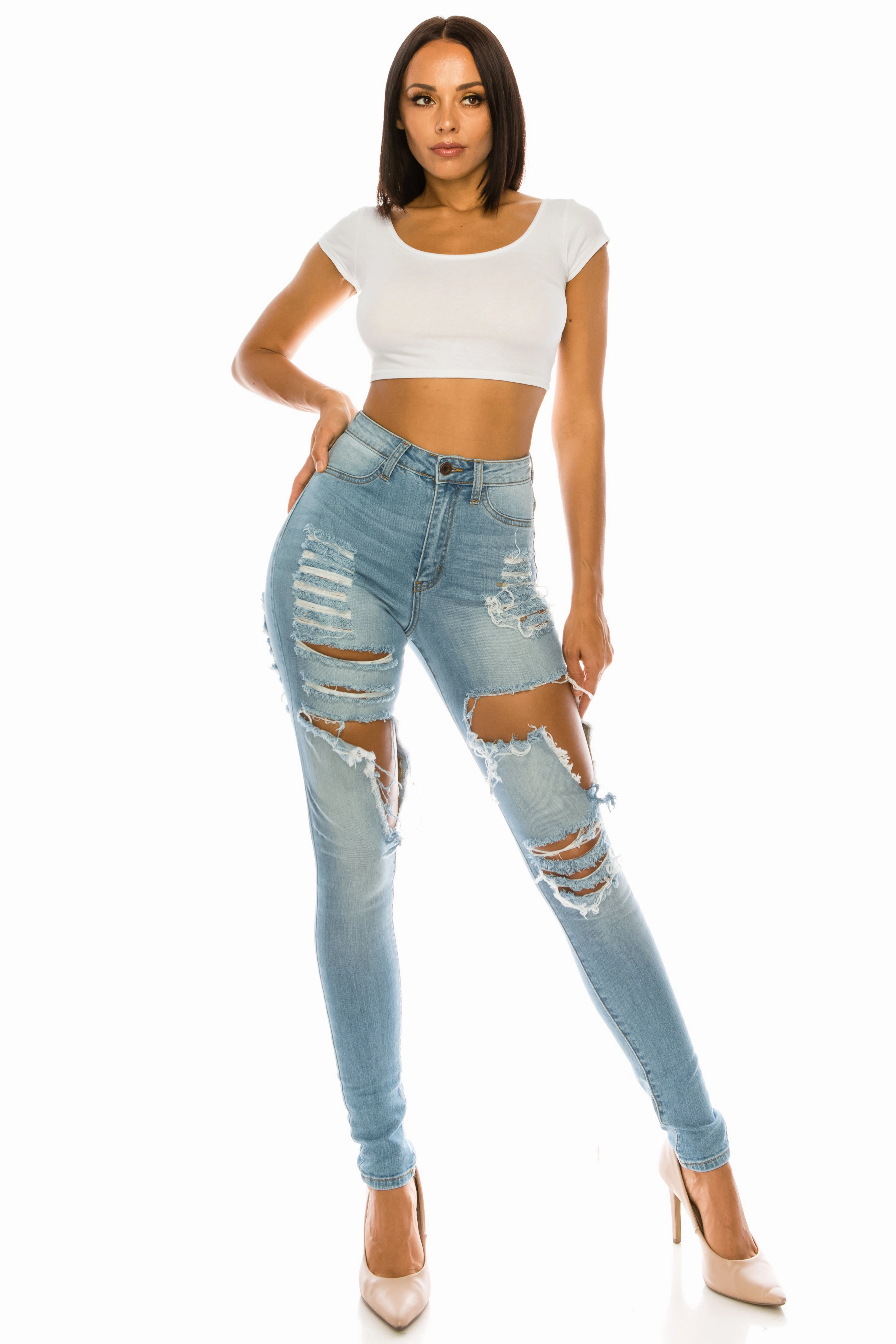 Foundation Wear Raw Hem Design 4582 Women's High Waisted Distressed Skinny Jeans with Cut Outs