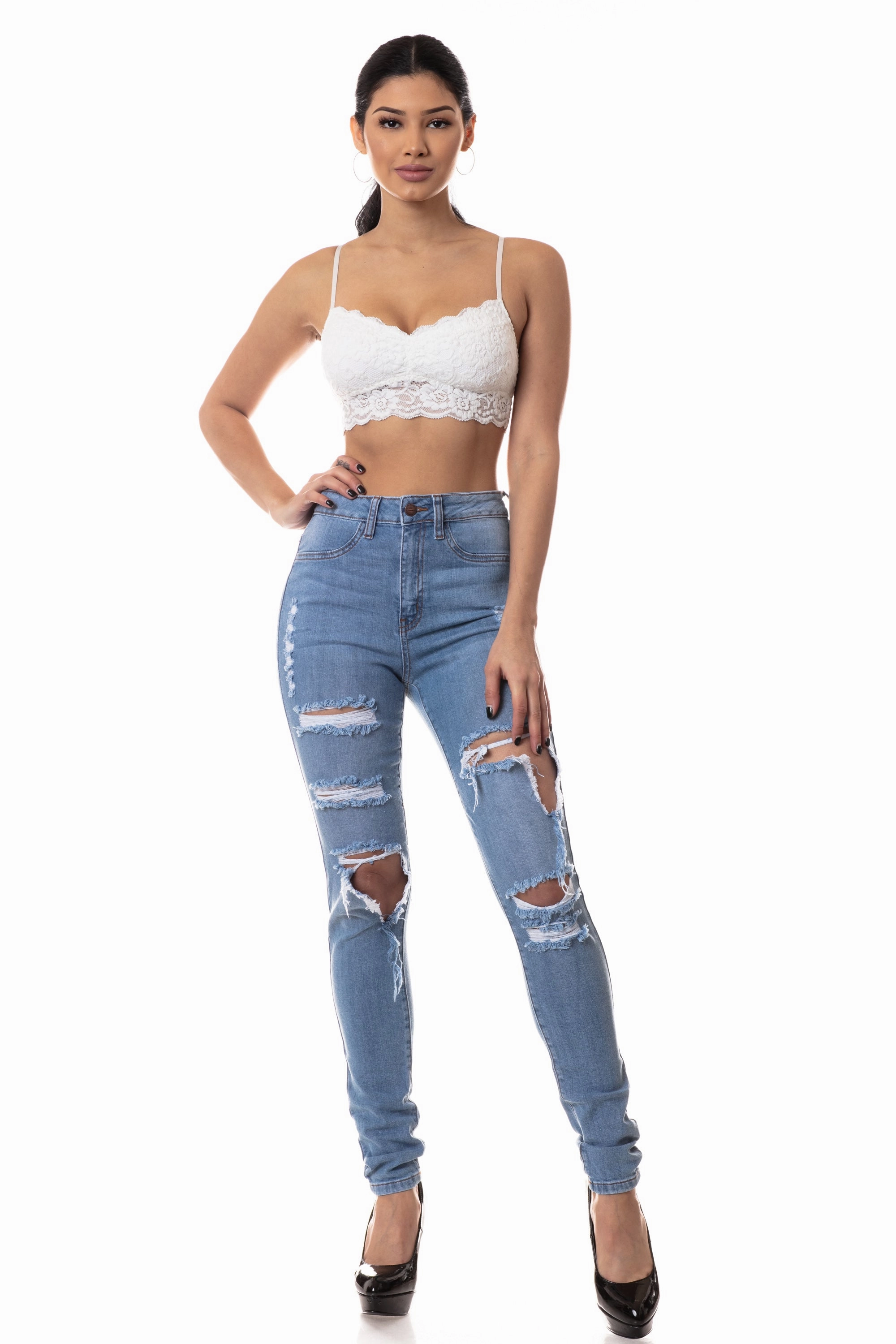Timeless Option 4582 Women's High Waisted Distressed Skinny Jeans with Cut Outs