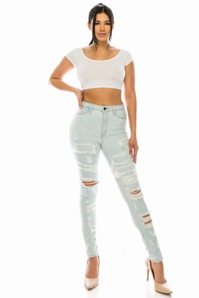 4672 Women's High Waisted Distressed Repaired Patched Skinny Jeans Comfortable Outfit Casual Chic