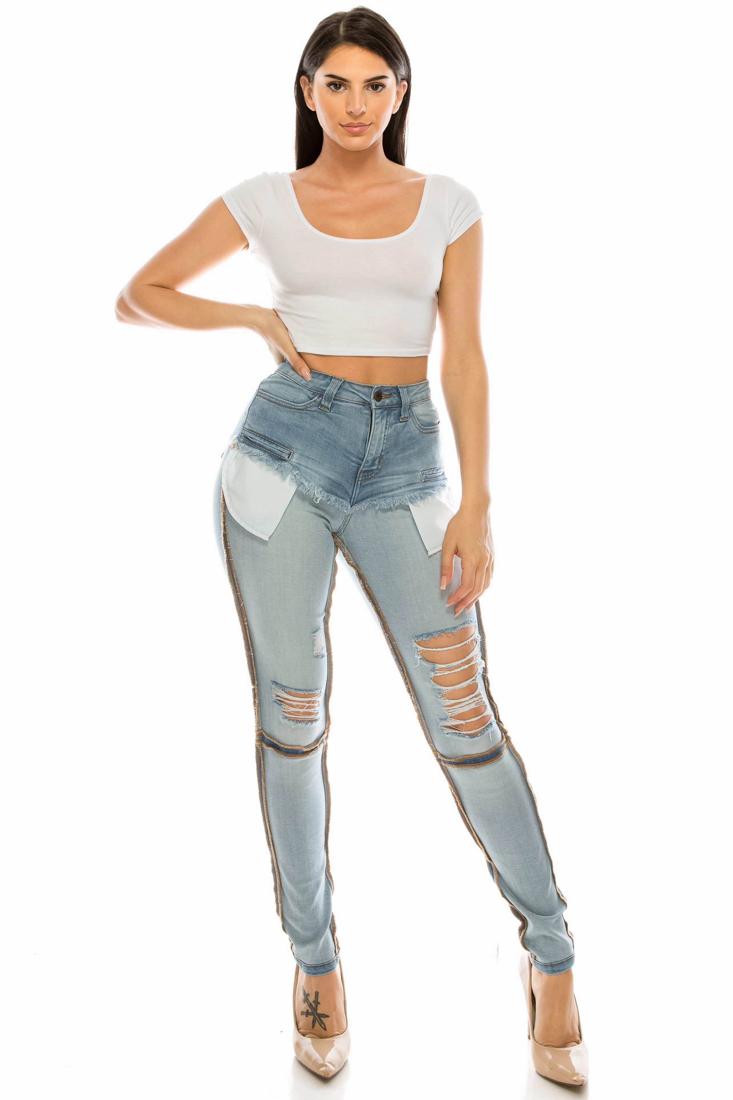 4697 Women's Super High Waisted Distressed Reversed Skinny Jeans Style Neutral