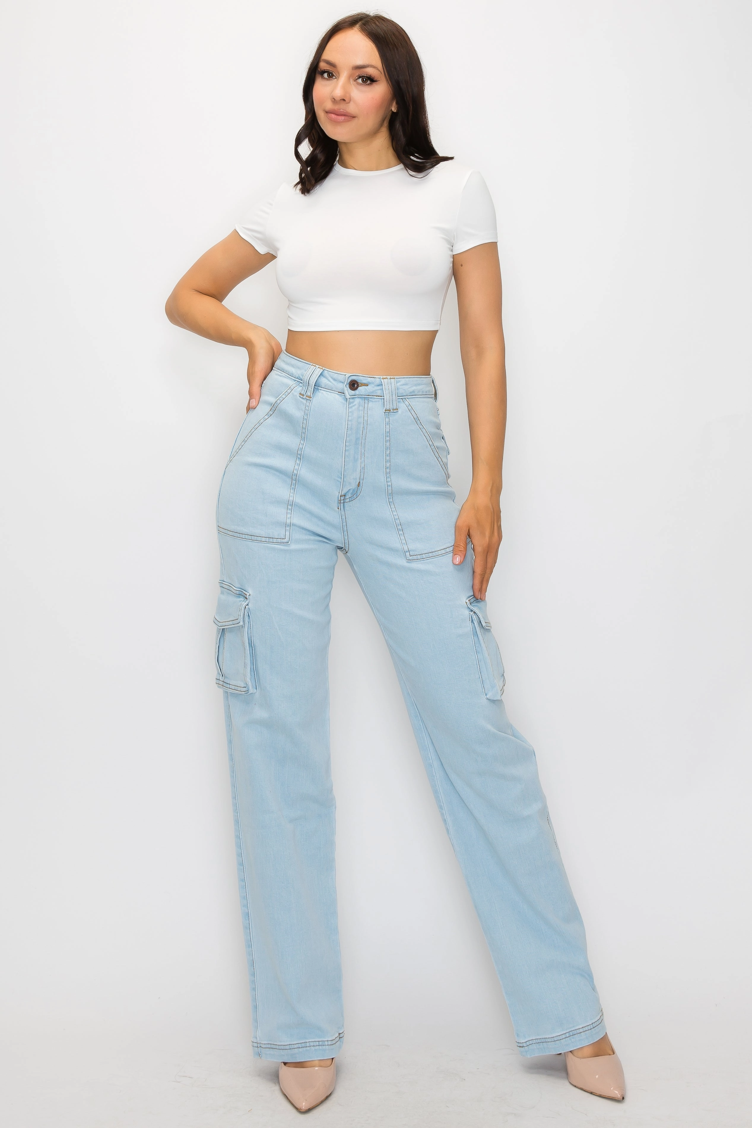 4890C High Rise Cargo Jeans w/ Flap Back pockets & Front Panel Destruction Casual Friday Elegant Casual Trend Setter Smart Casual Classic Wear