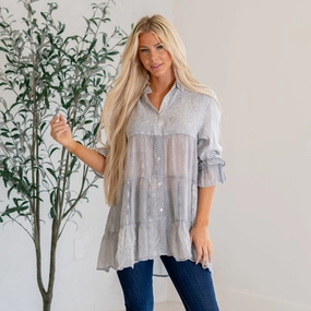 60s Boho Button-Down Shirt Patchwork & Embroidery Top Solid Hue