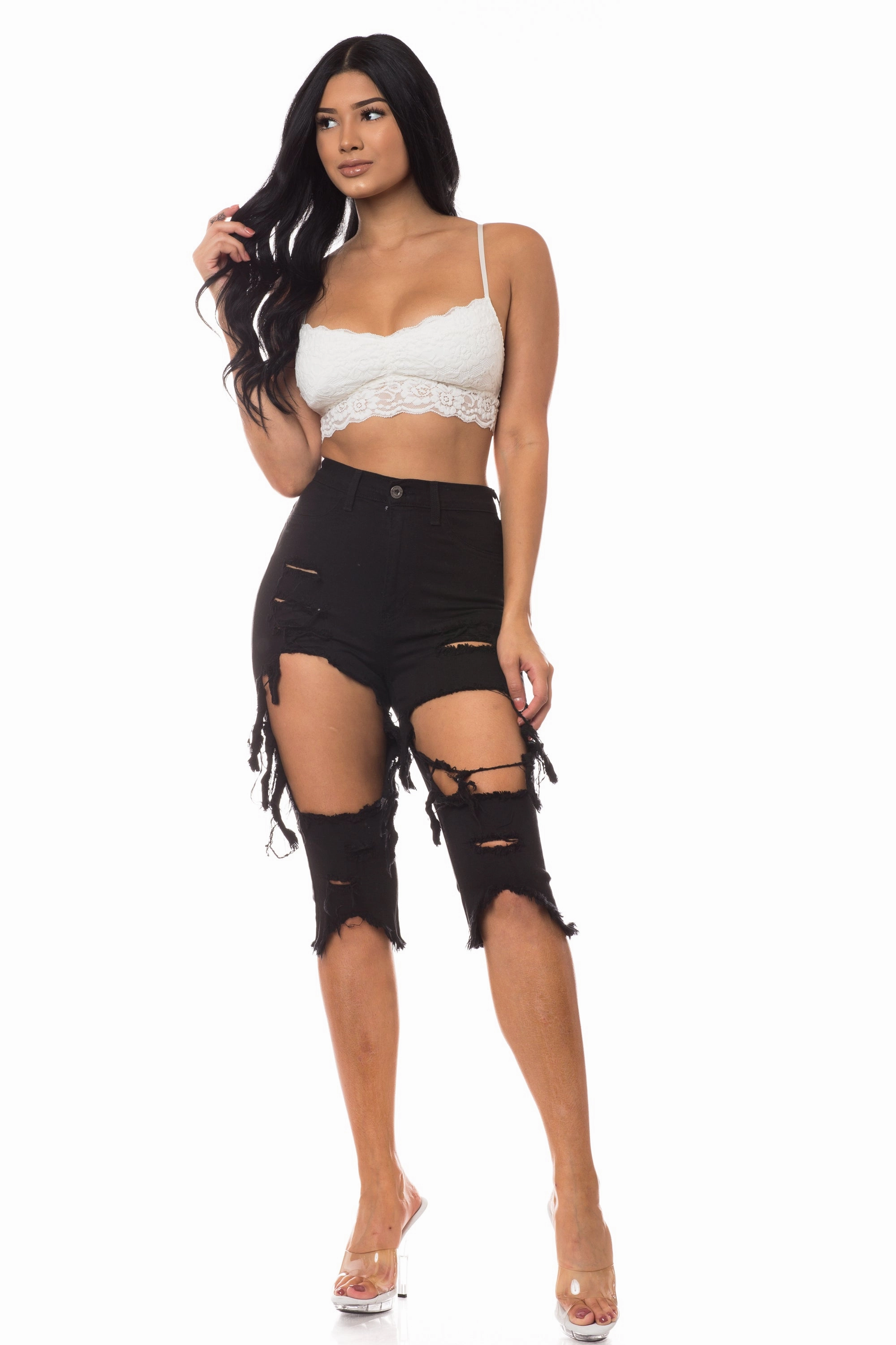 7010F Super High Waisted Distressed Cropped Capri Jeans with Cut Outs Loose Smooth Shopping Day Unisex Wear Classic Professional Wear