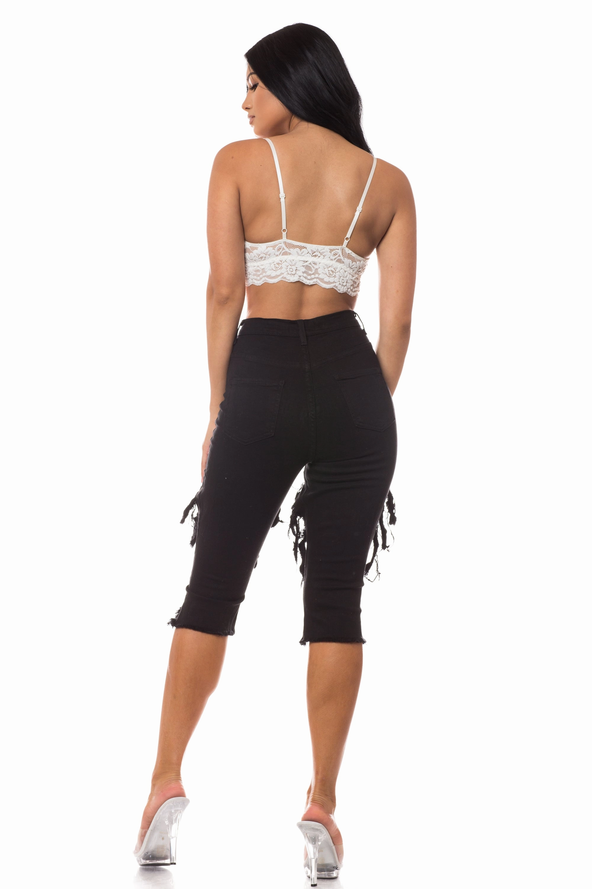 7010F Super High Waisted Distressed Cropped Capri Jeans with Cut Outs Closet Staple Office Wear Modern Rainy Day