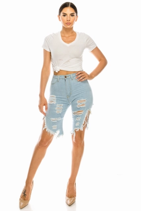 7043F Super High Waisted Distressed Bermuda Shorts with Cut Outs Stylish Touch Weather Proof