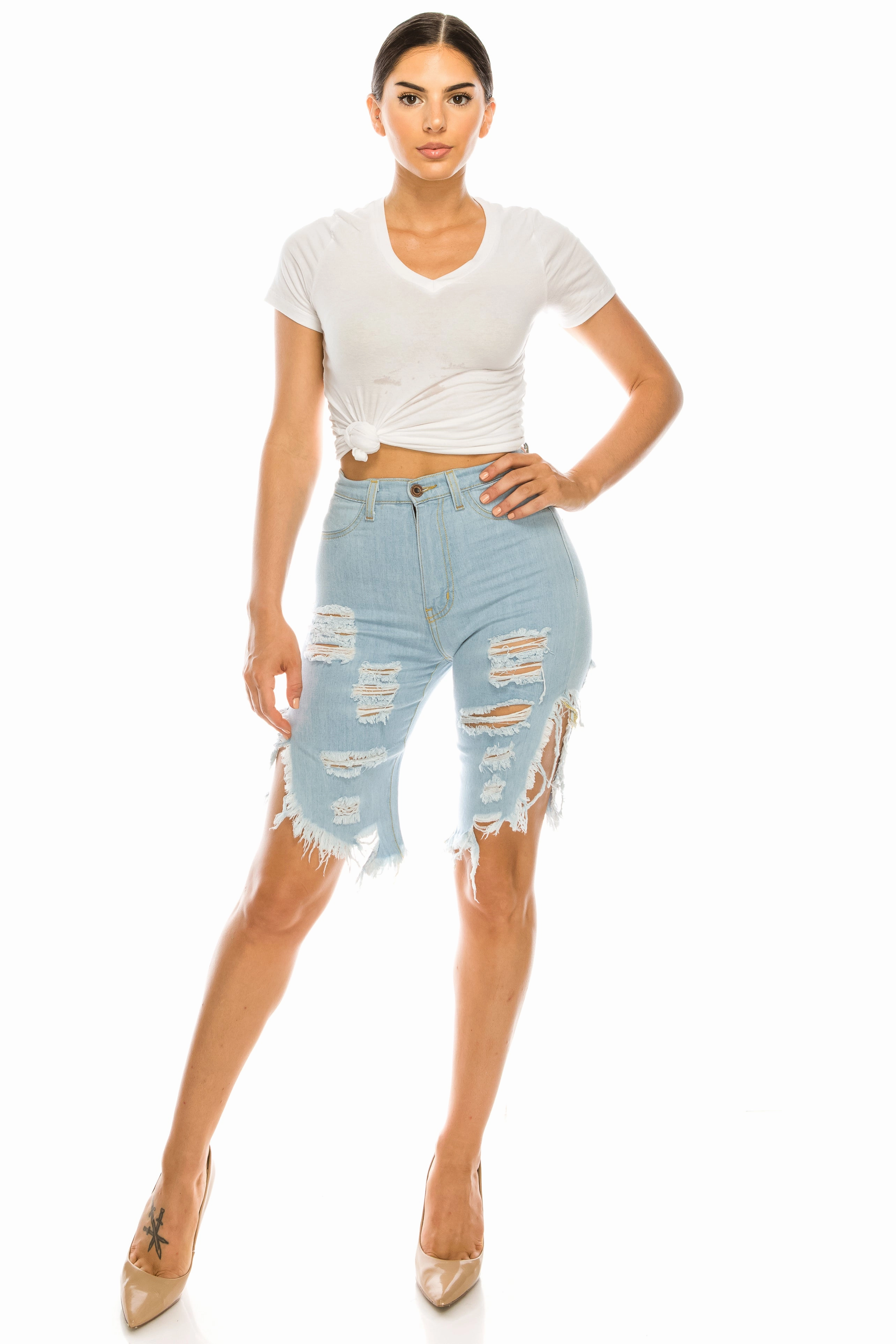 7043F Super High Waisted Distressed Bermuda Shorts with Cut Outs Stylish Touch Weather Proof