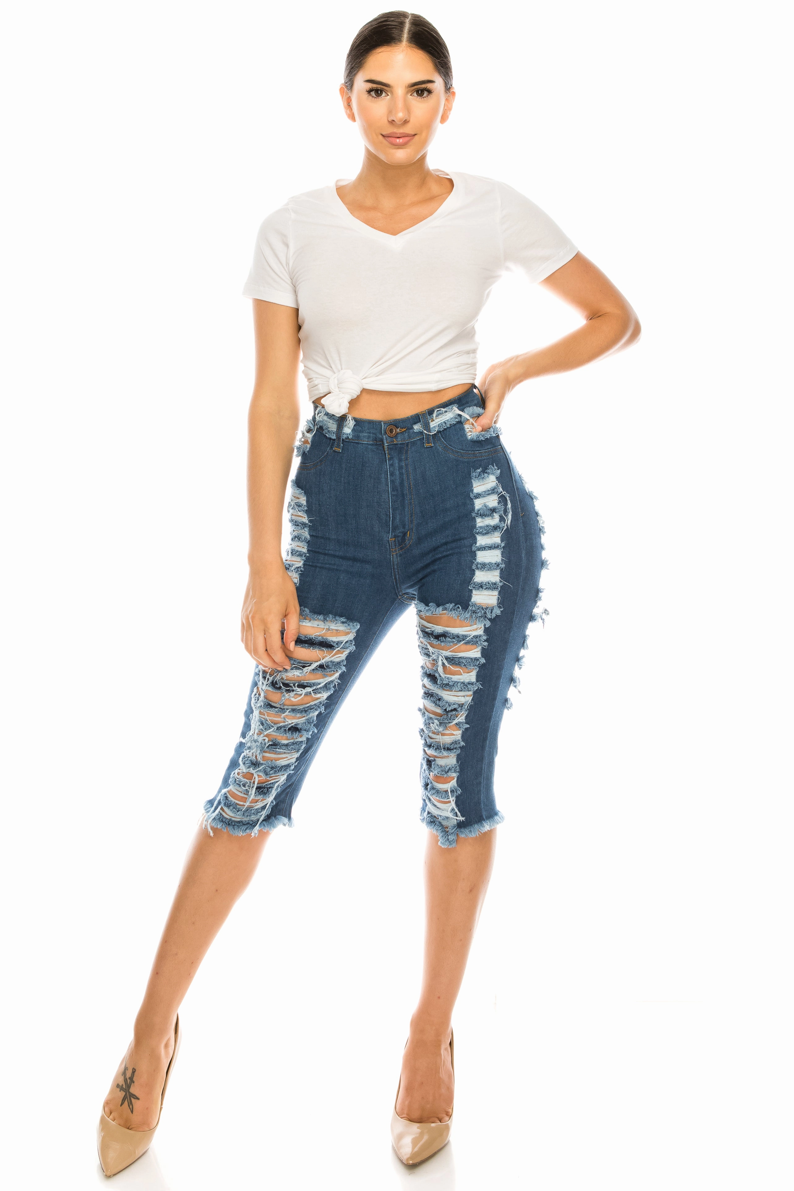 Timeless Fashion 7100F Super High Waisted Distressed Bermuda Shorts