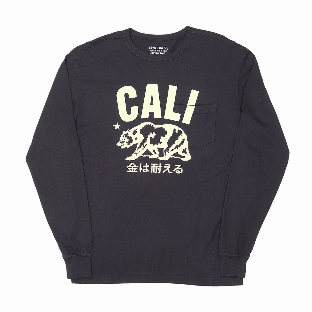 "Don't Mess with Cali" Long Sleeve Crew Neck Pocket Tee - Black Coal Odor Resistant Fabric