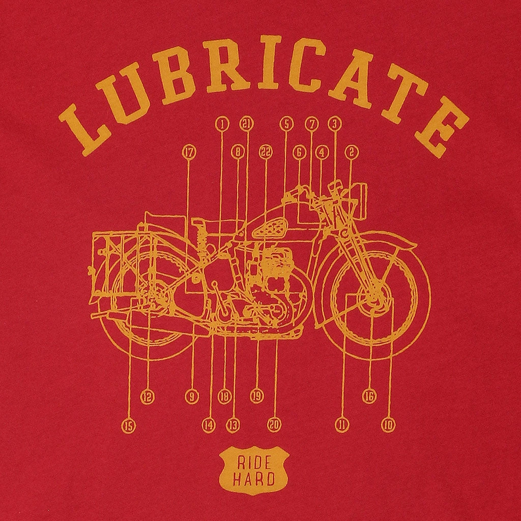 "Lubricate" Short Sleeve Men's Tee - Blitz Red CroppedLength Tagless Labeling