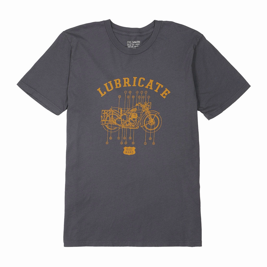 "Lubricate" Short Sleeve Men's Tee - Heather Grey Mouse Weighted Hem Trim