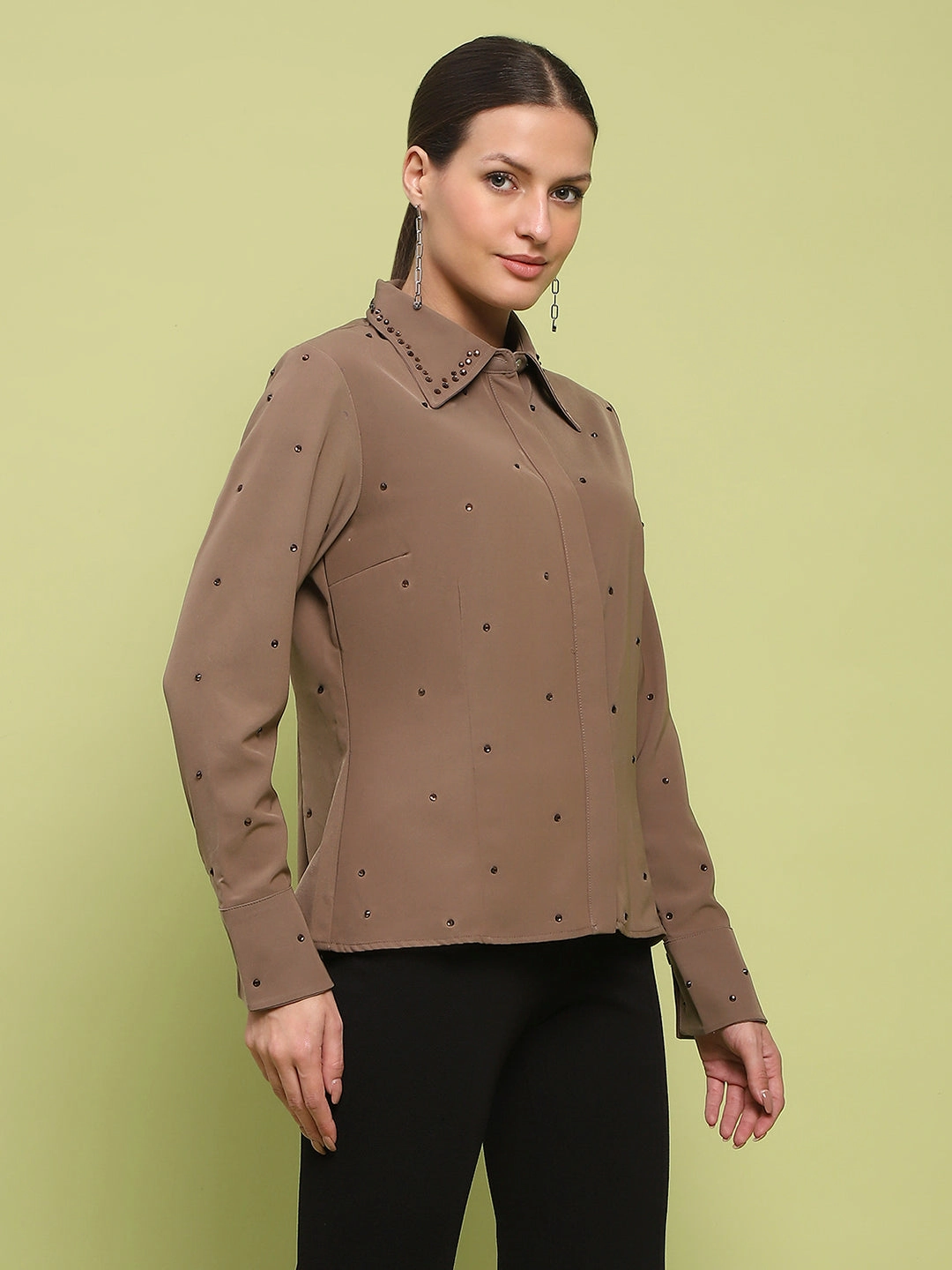 Eco friendly materials Madame Allover Embellished Brown Shirt