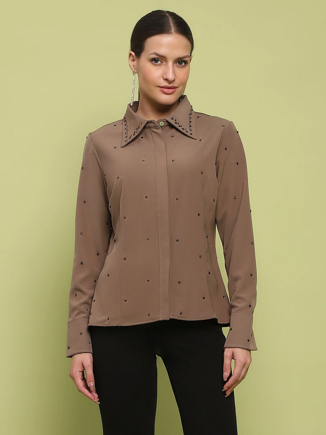 Premium Pima Cotton Travel Friendly Madame Allover Embellished Brown Shirt
