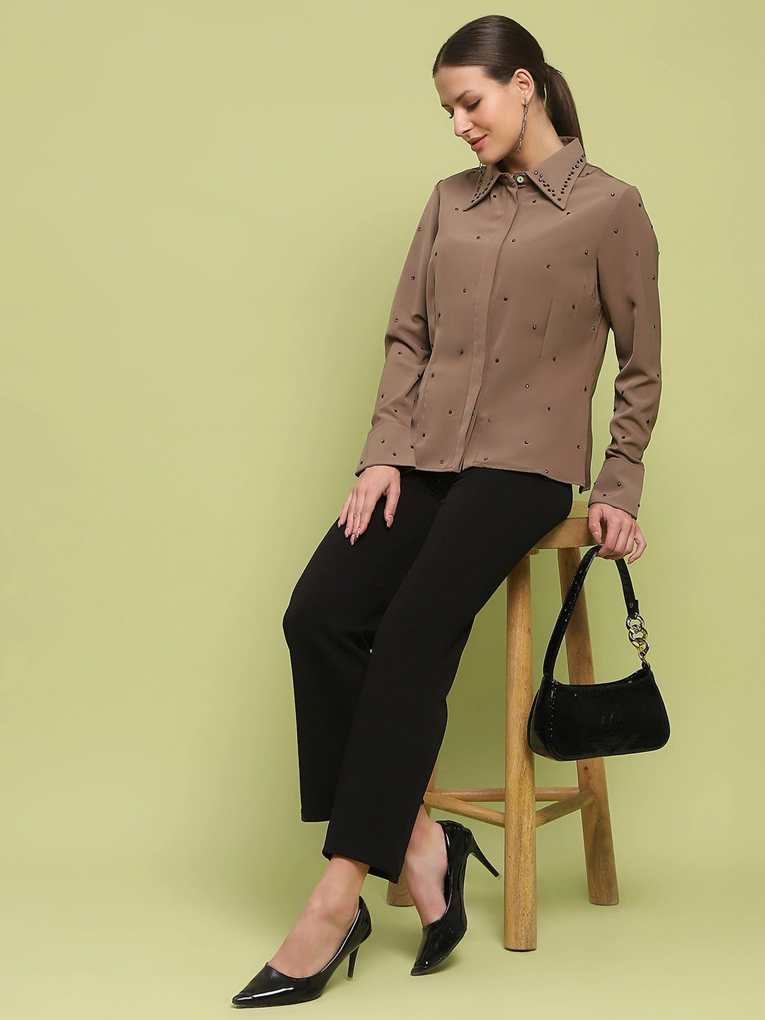 Earthy Palette Madame Allover Embellished Brown Shirt