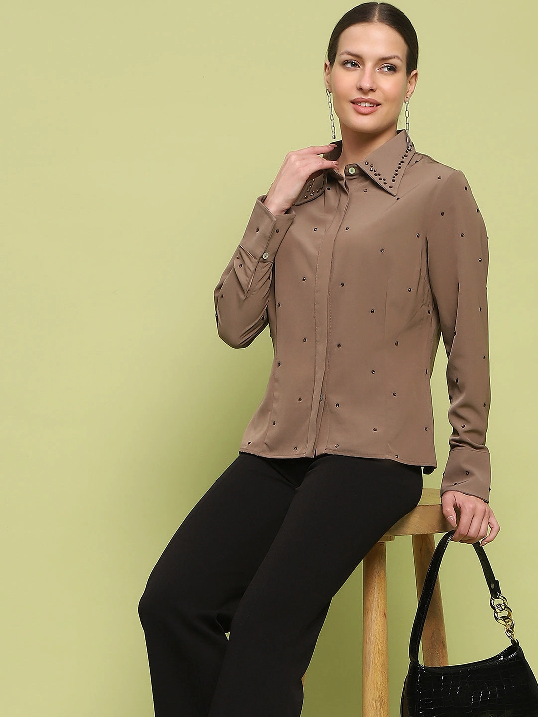 Madame Allover Embellished Brown Shirt Trendy Look