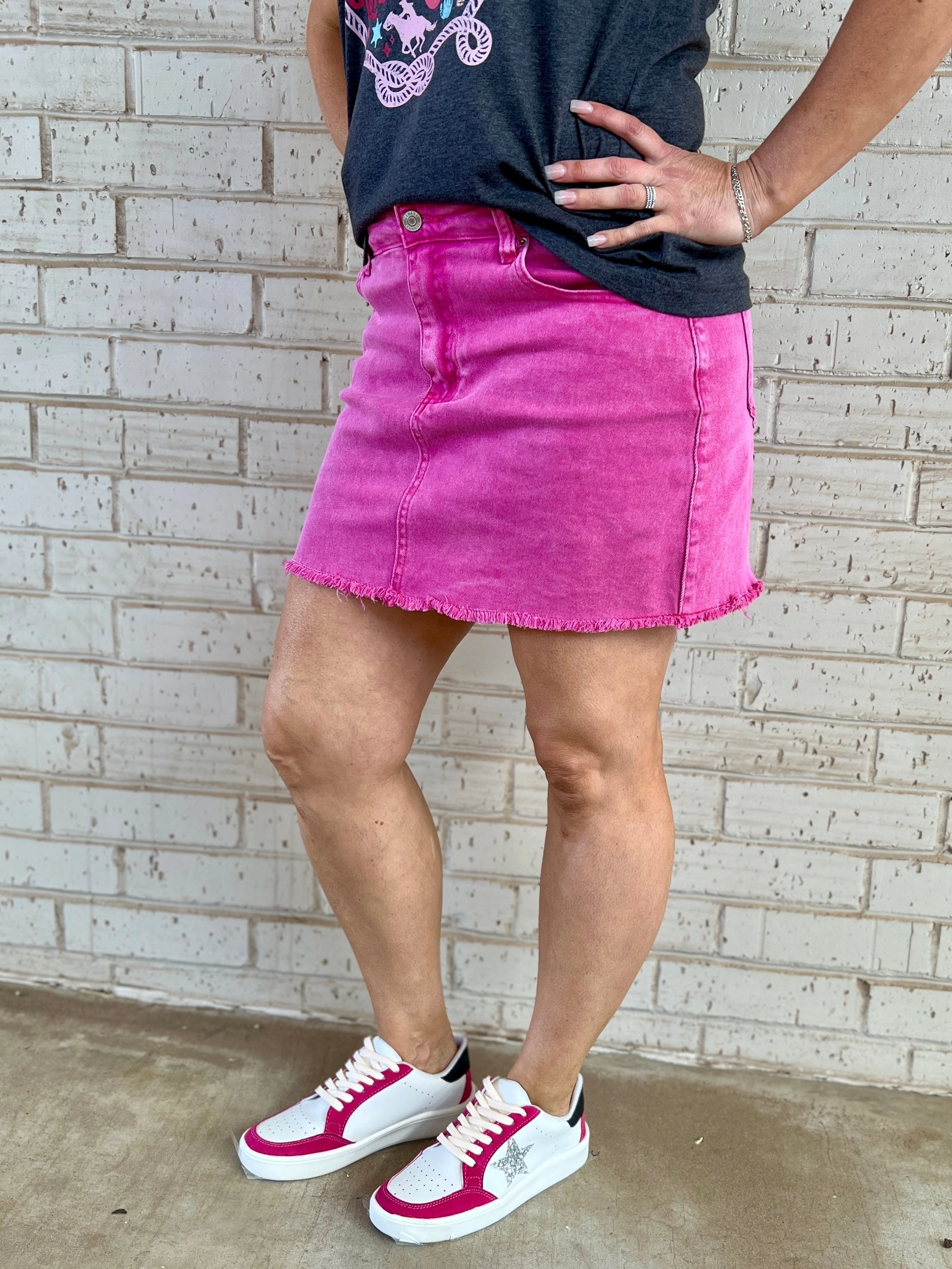 Chilly Weather Comfort Acid Washed & Frayed Denim Skirt- 2 Colors*