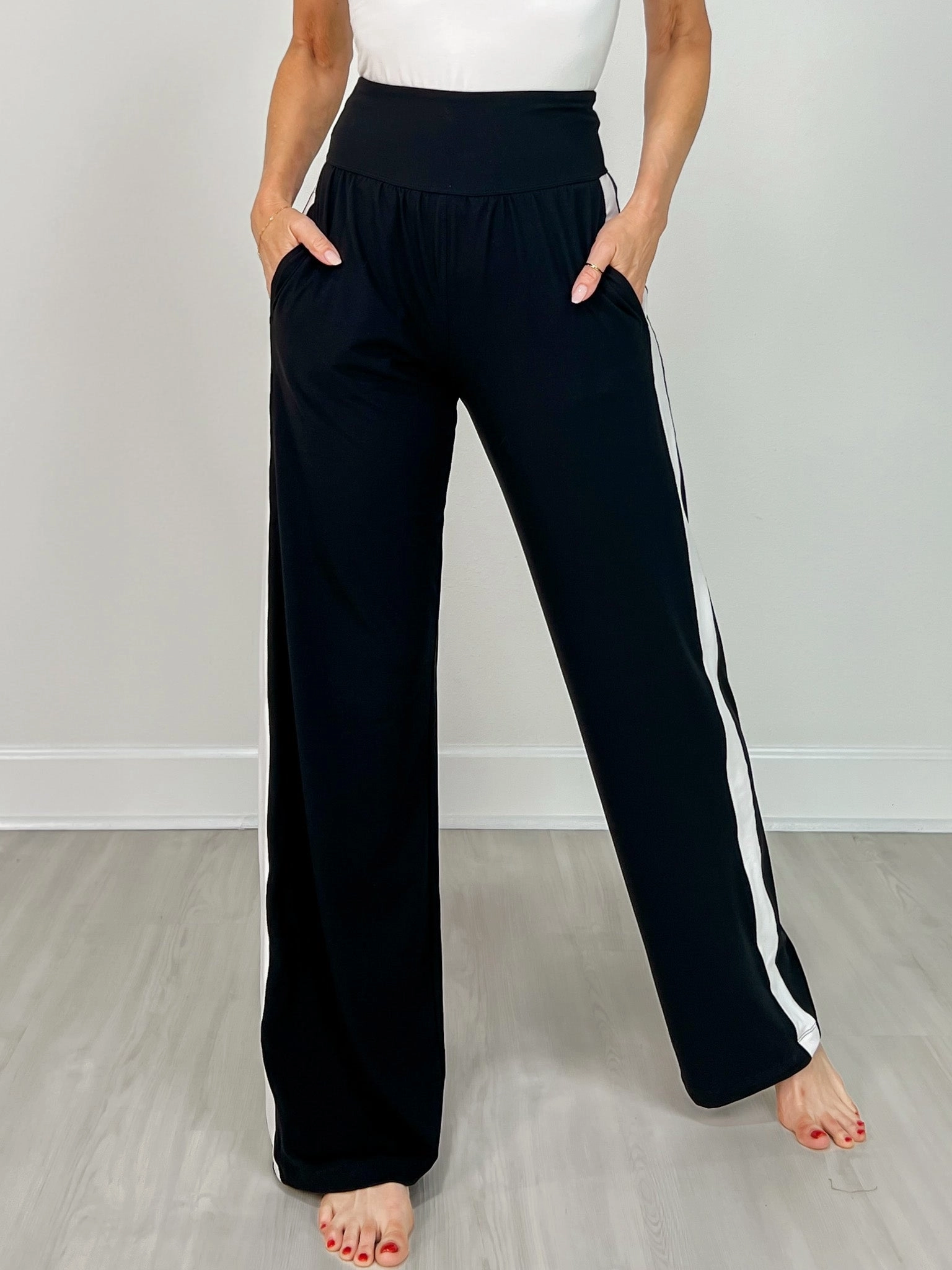 Recycled Butter Striping Straight Pant in Black White Stable Shape