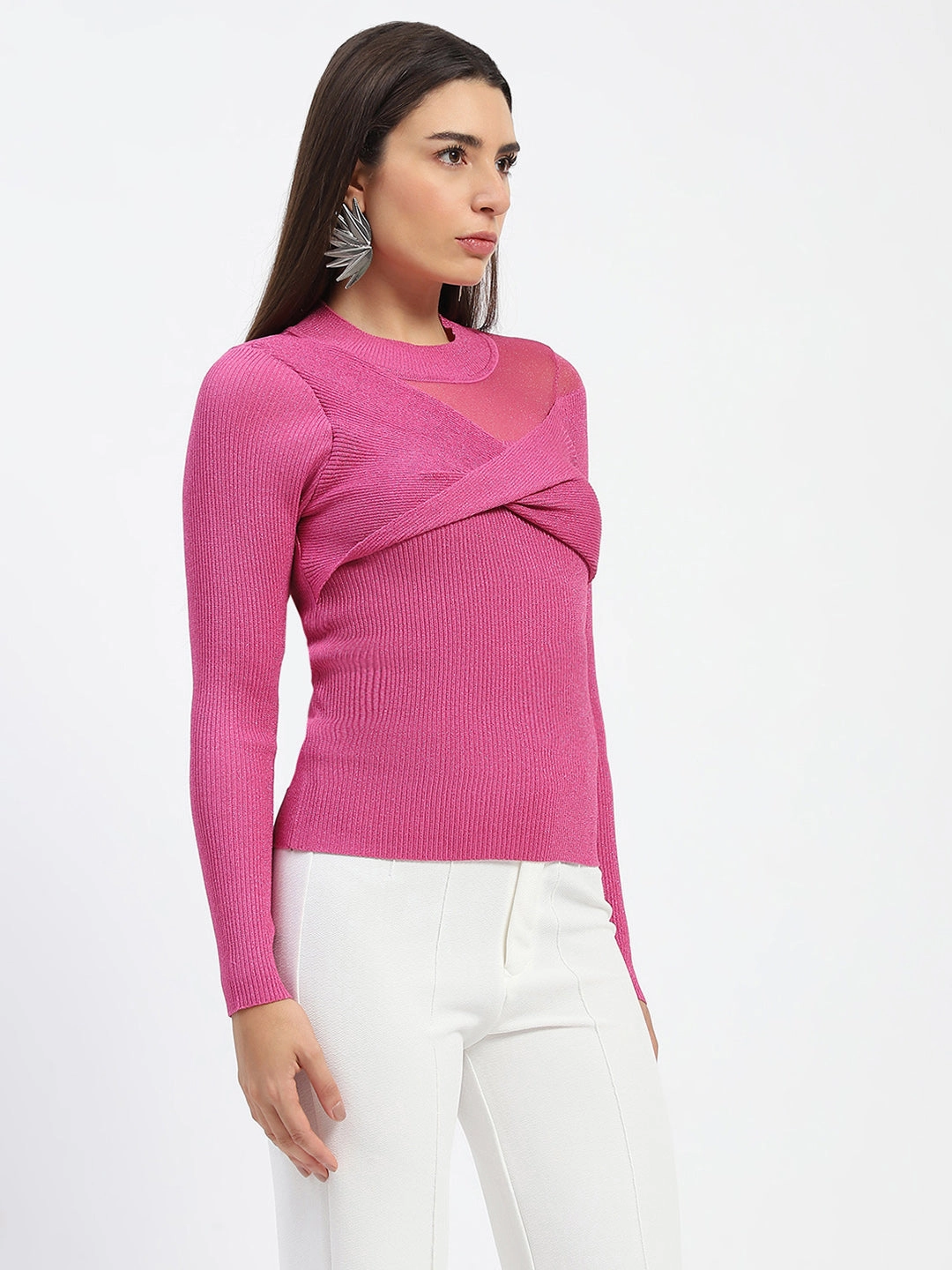 Madame Shimmery Mock Neck Wrap Hot Pink Sweater Sleek Performance Fit Seasonal Layering