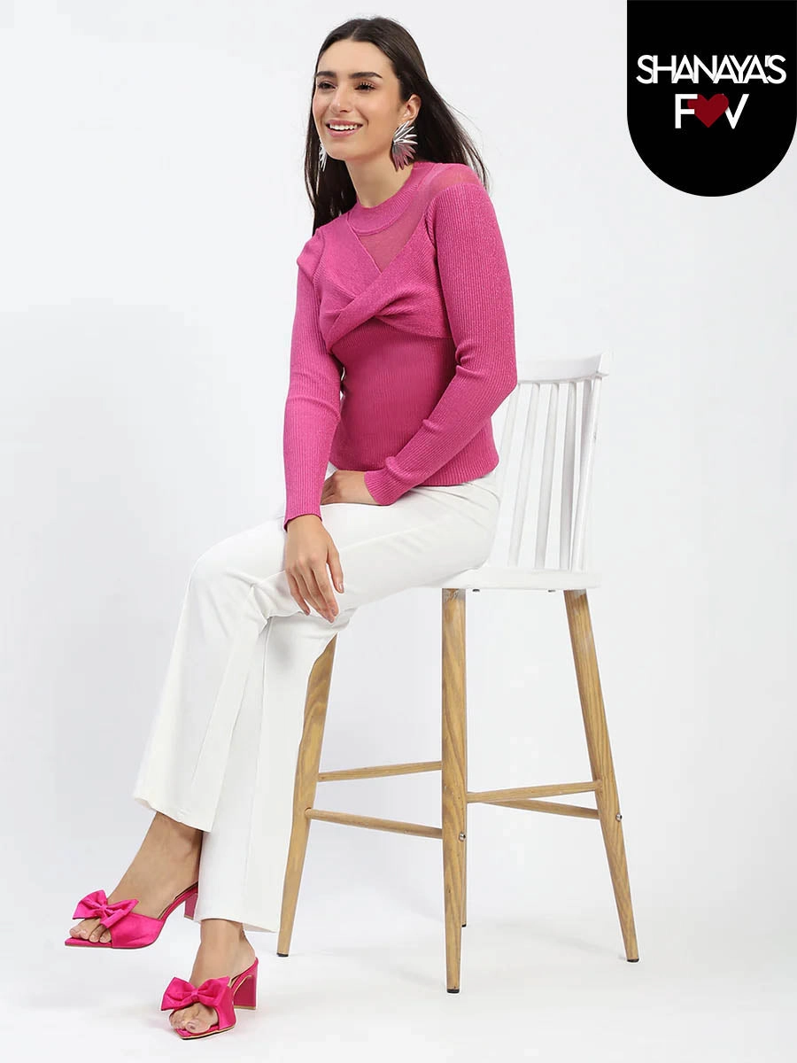 Madame Shimmery Mock Neck Wrap Hot Pink Sweater Brushed Interior