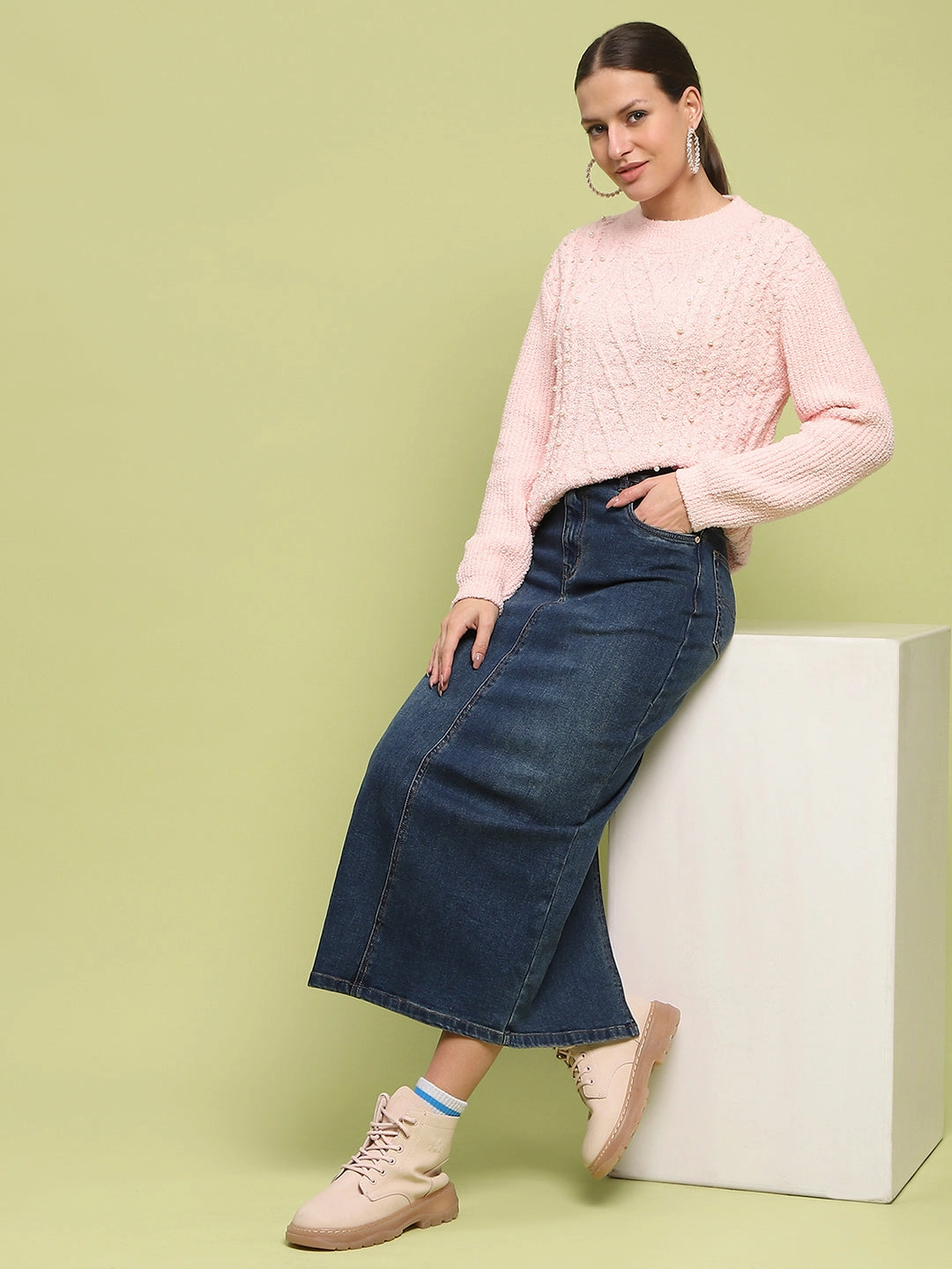 Luxe Wear Soft Material Madame Cable Knit Full Sleeve Peach Sweater