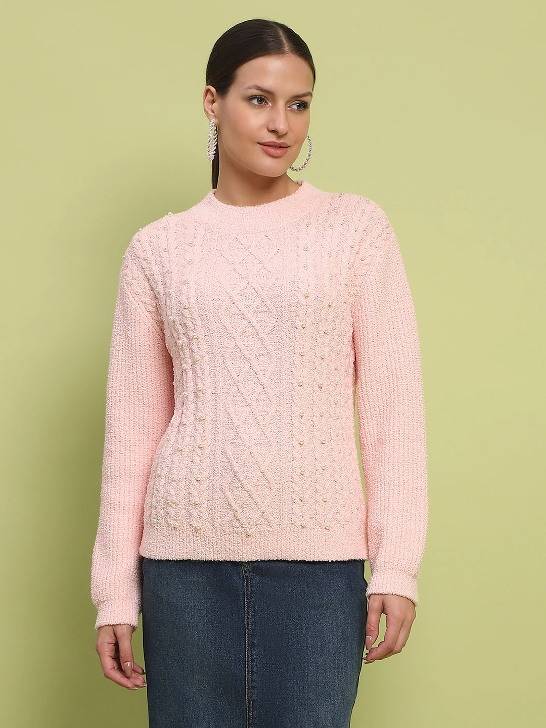 Madame Cable Knit Full Sleeve Peach Sweater Low Maintenance Care Knit Comfort