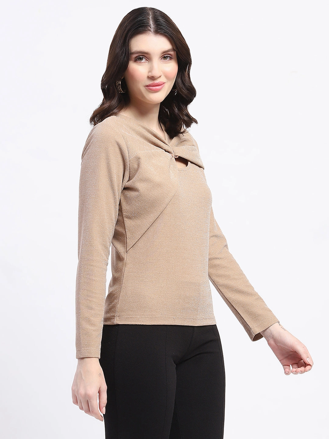 ButtonlessClosure Madame Ring Detailed Embellished Asymmetrical Neck Solid Beige Top