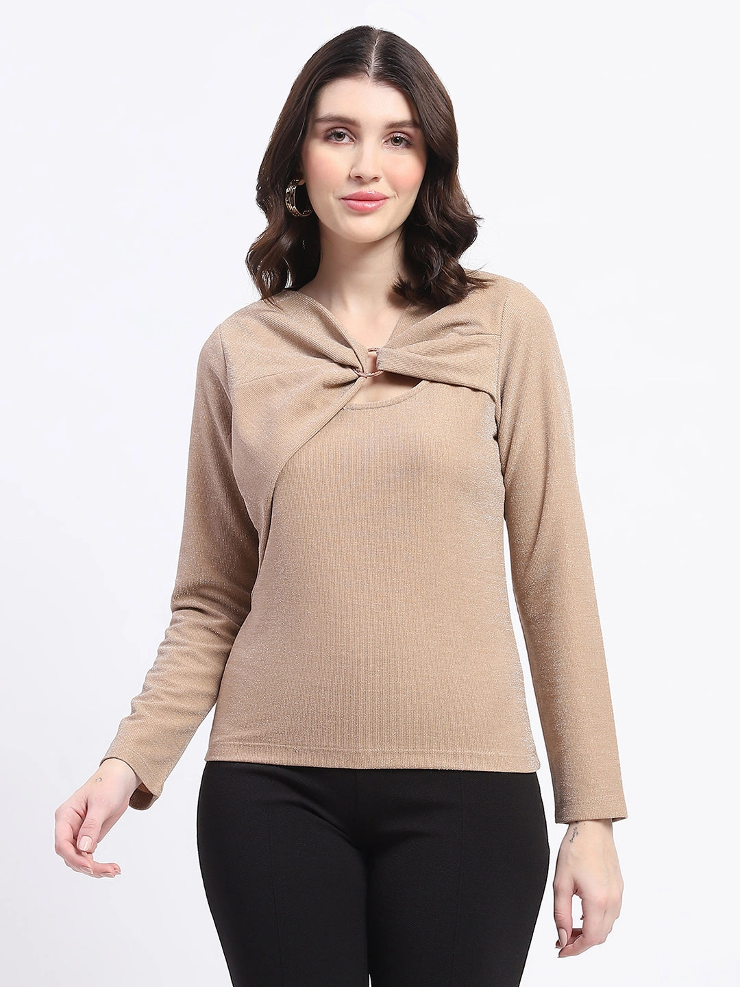Madame Ring Detailed Embellished Asymmetrical Neck Solid Beige Top StretchableKnit TaglessNecklineComfort