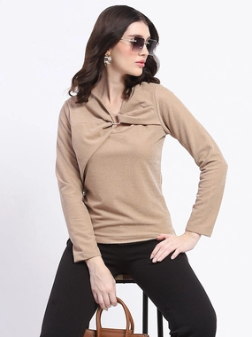 Madame Ring Detailed Embellished Asymmetrical Neck Solid Beige Top DurableWeave