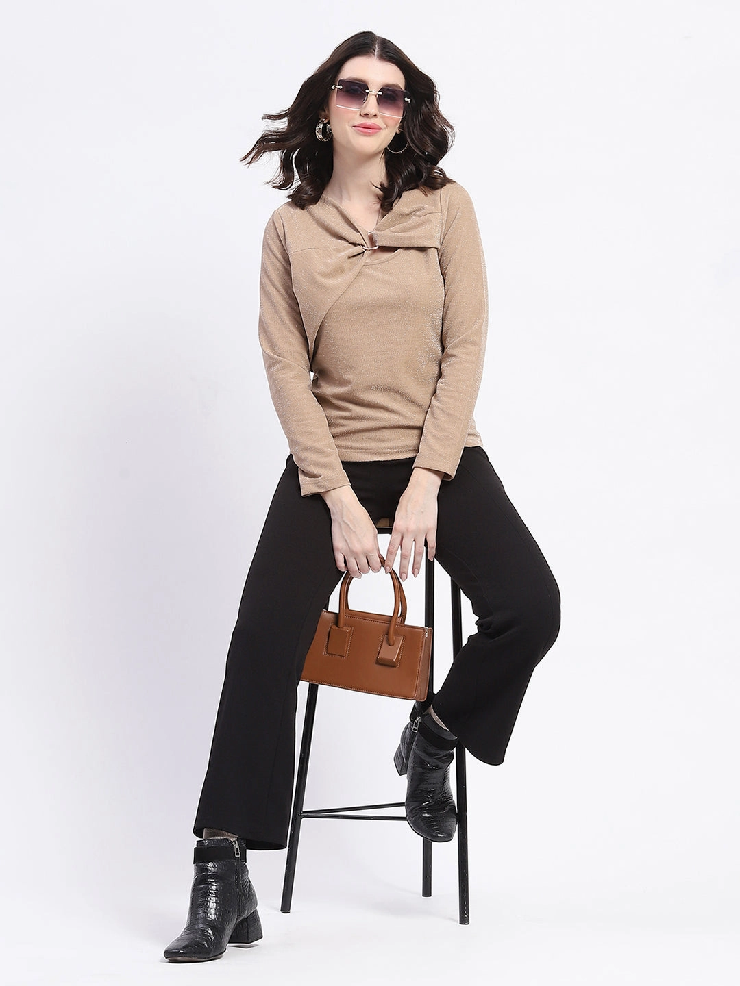 Madame Ring Detailed Embellished Asymmetrical Neck Solid Beige Top SlimFitAdaptation Sporty Style