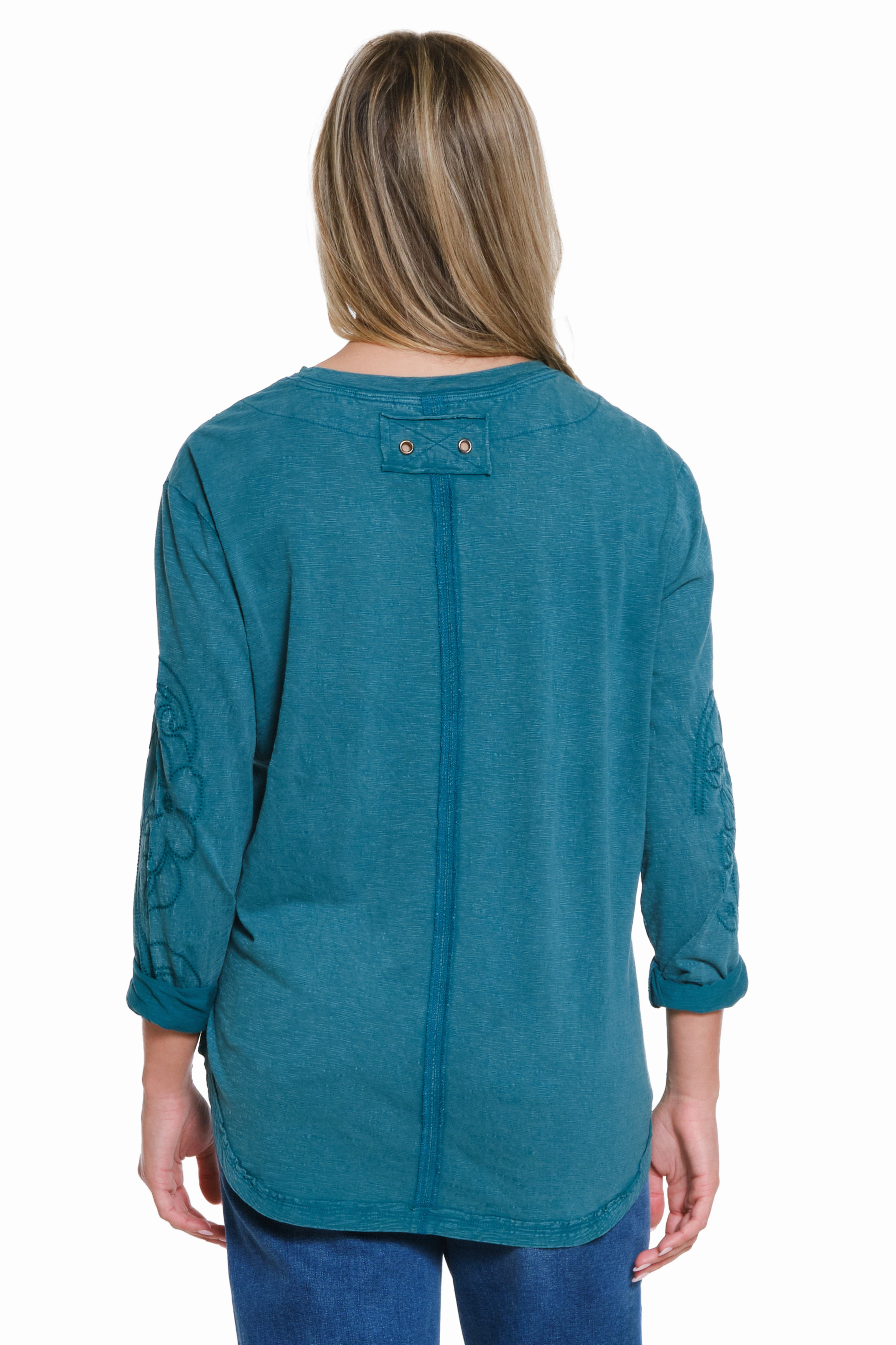 Embroidered Slub Jersey Knit Top - Antique Green Temperature Control Fabric