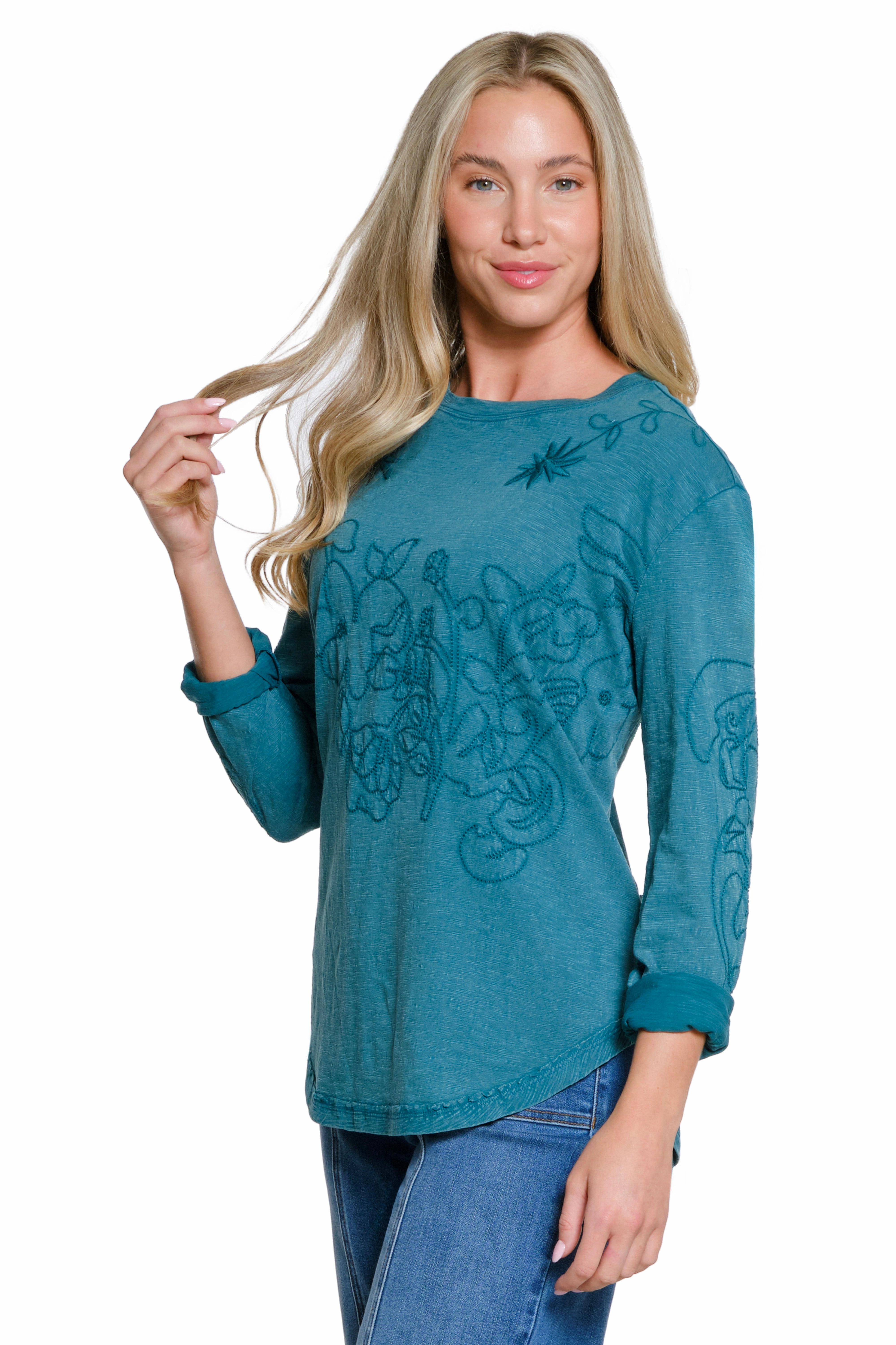 YarnDyedQuality Embroidered Slub Jersey Knit Top - Antique Green