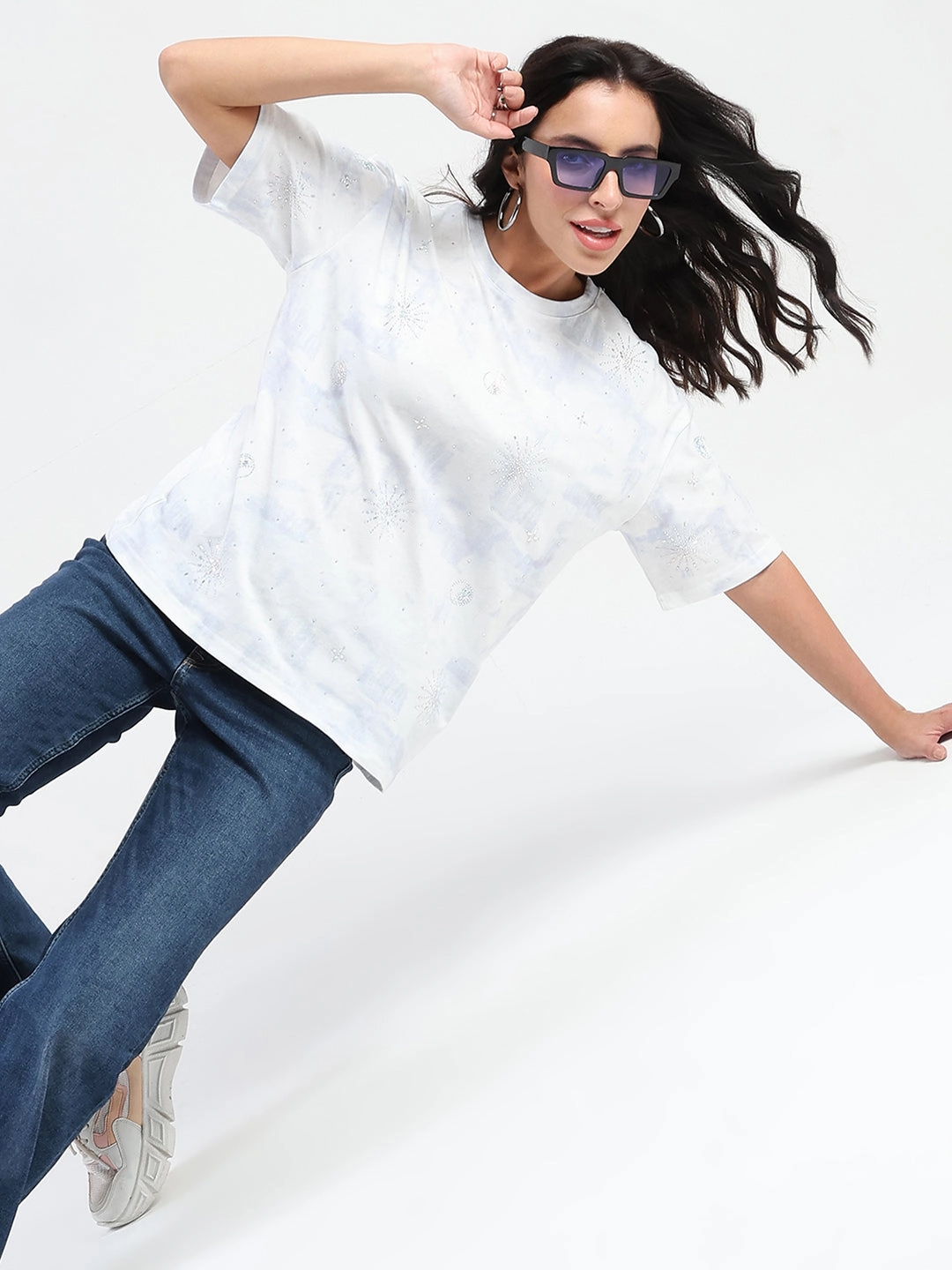 Madame Swarovksi Detailed Tie and Dye Sky Blue T-shirt ConvertibleCollar