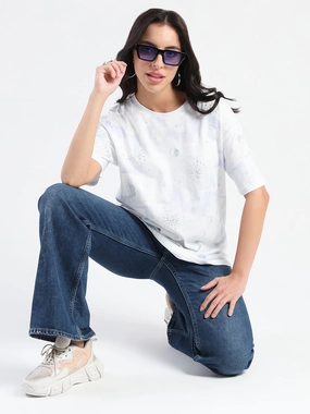 Lightweight Fabric Comfortable Design Madame Swarovksi Detailed Tie and Dye Sky Blue T-shirt