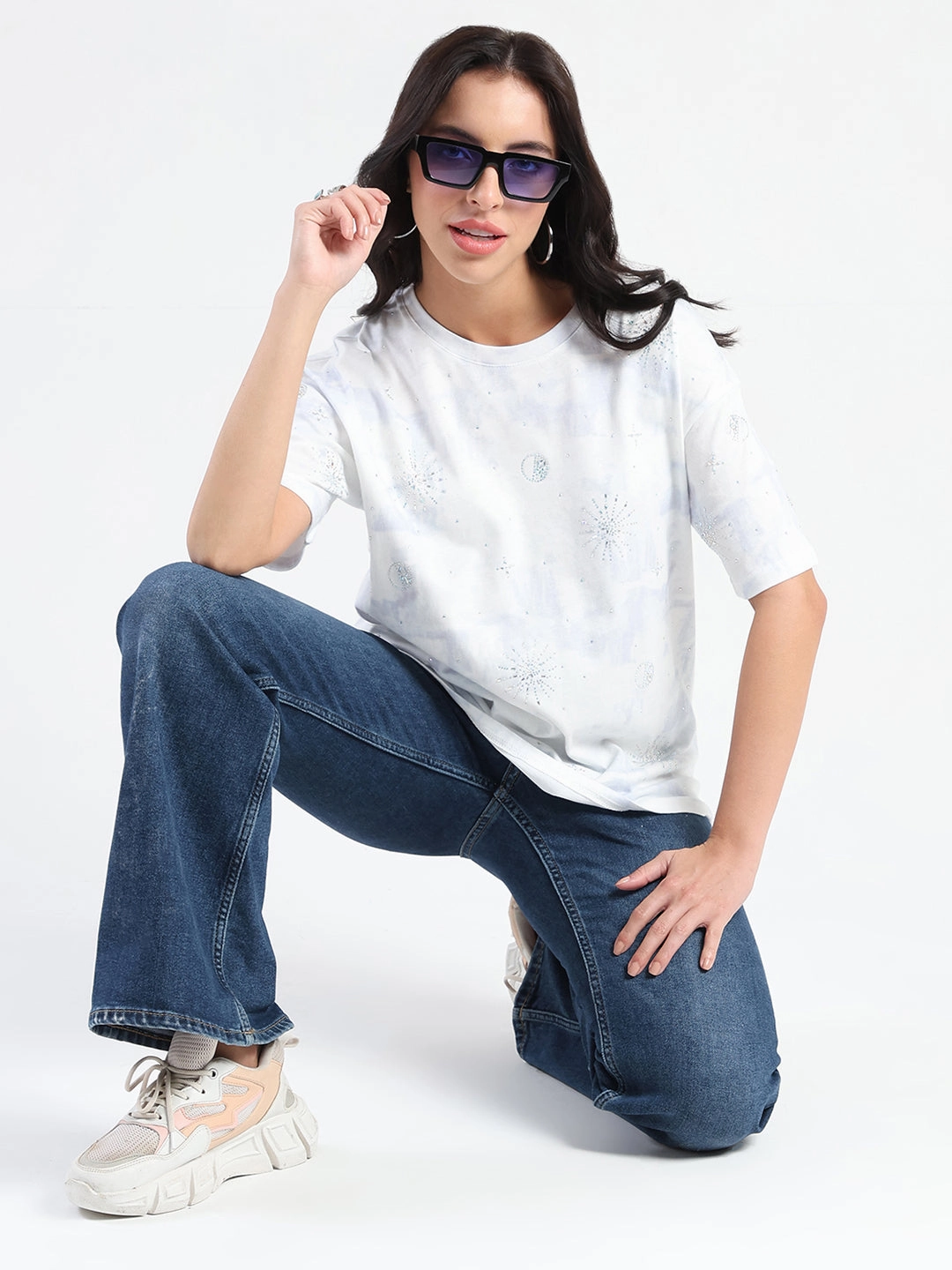 Lightweight Fabric Comfortable Design Madame Swarovksi Detailed Tie and Dye Sky Blue T-shirt