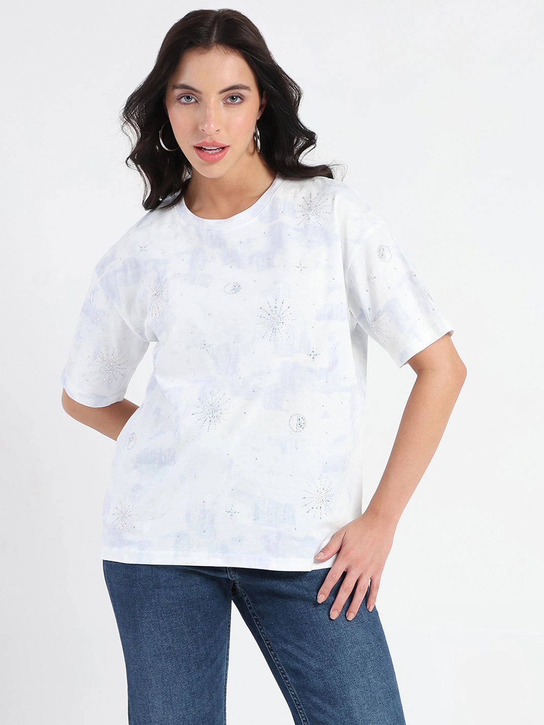 Madame Swarovksi Detailed Tie and Dye Sky Blue T-shirt Trendy Look Relaxed Design