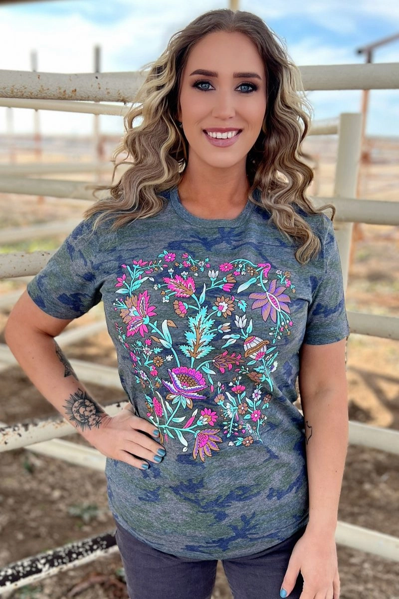 Sterling Kreek Hidden In The Flowers Tee Shape Retention Fabric Ribbed collar