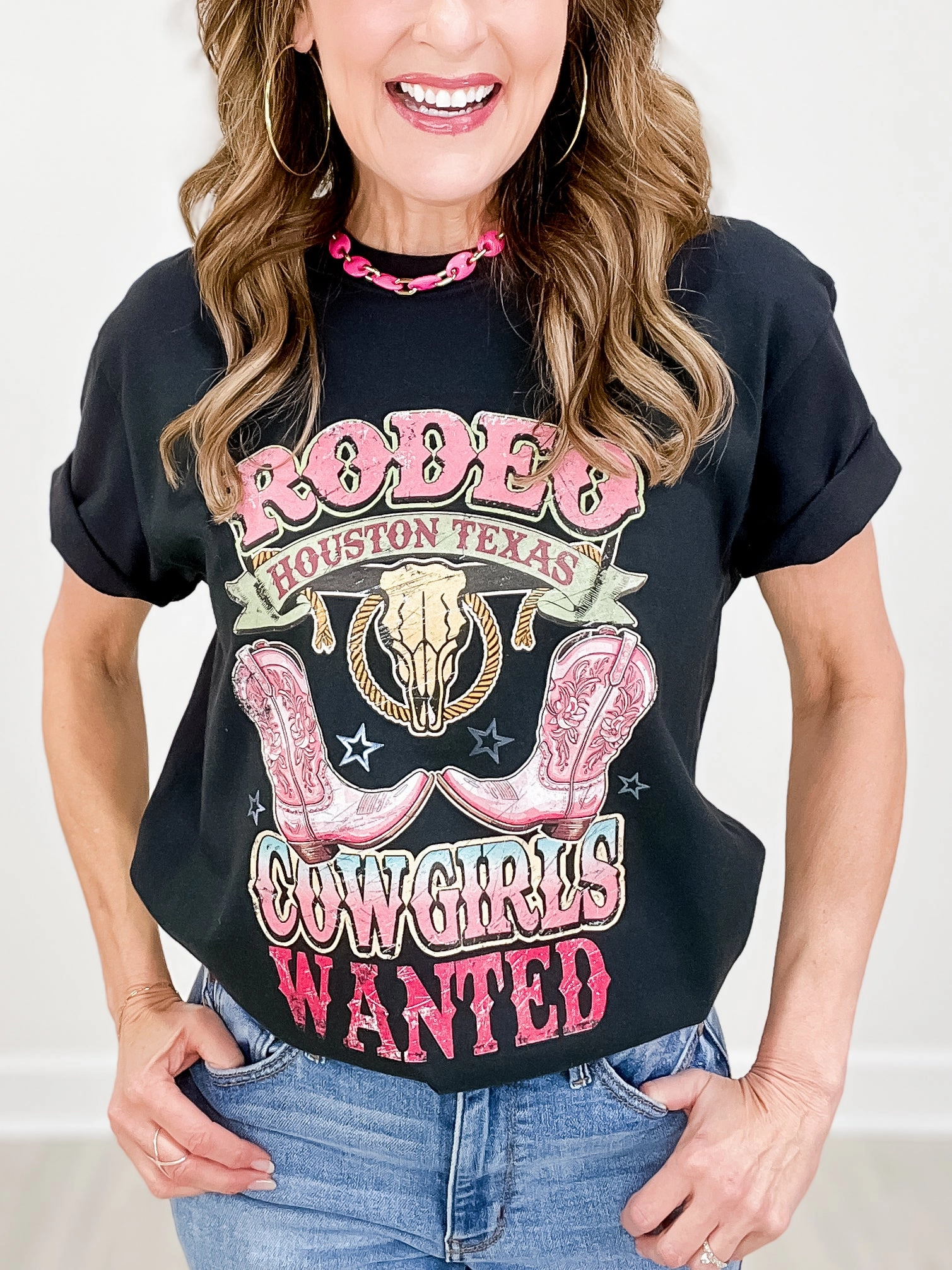 Rodeo Cowgirls Wanted Embellished Graphic Tee Buttery Soft Feel Minimalist Cuff