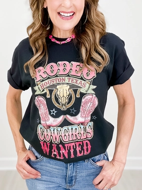 Rodeo Cowgirls Wanted Embellished Graphic Tee Buttery Soft Feel Minimalist Cuff