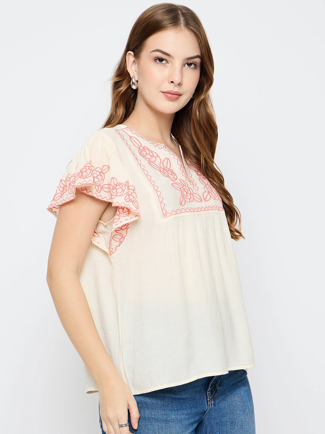 VNeck Style TearResistant Madame Embroidered Rayon Blend Beige Top